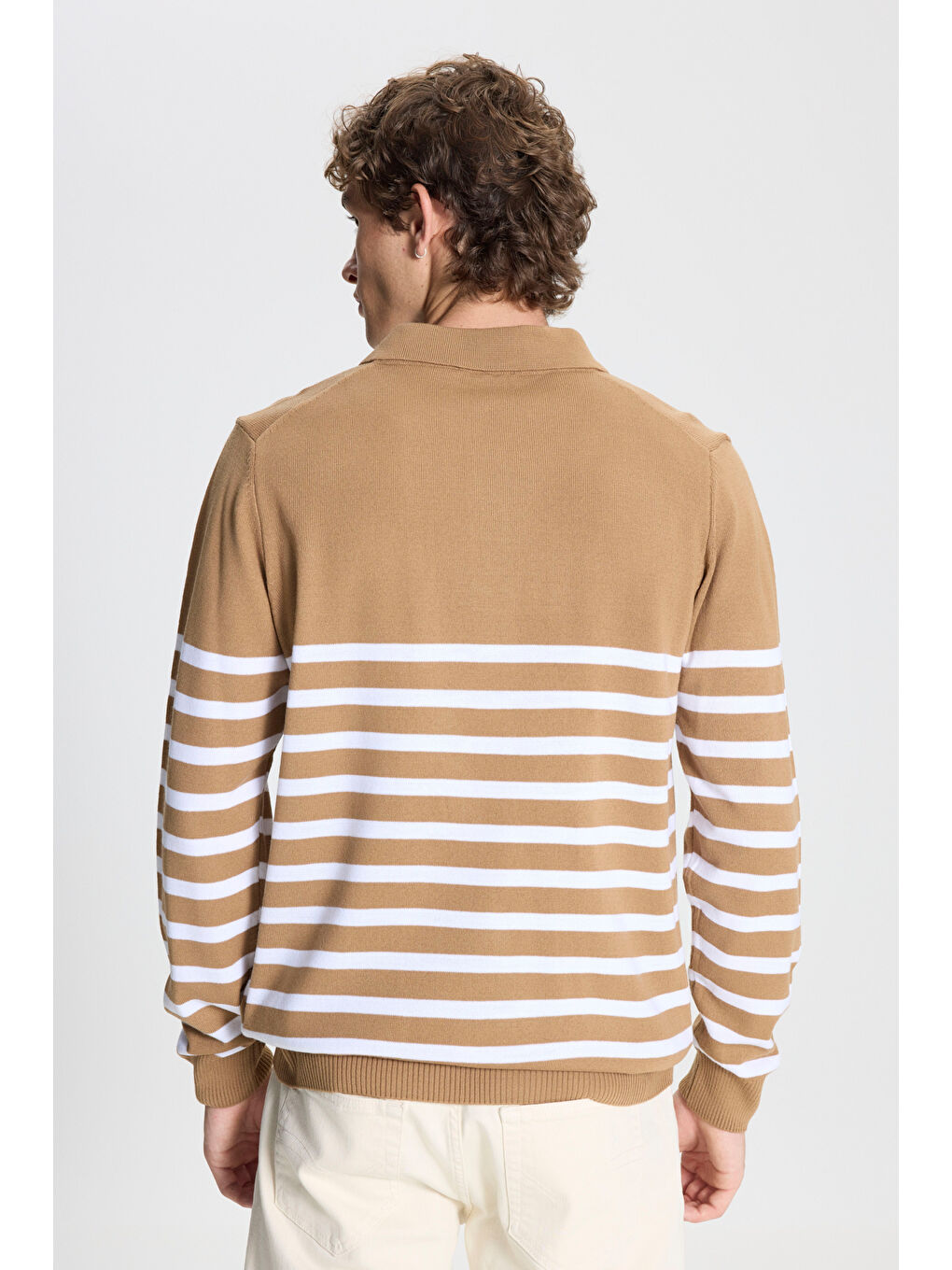 Bej Erkek VIZON-EKRU Standart Fit Normal Kesim Polo Yaka Çizgili Triko Kazak-4