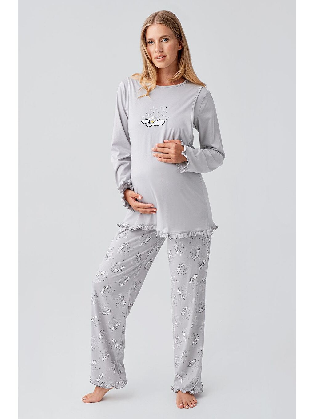 Gri Uzun Kollu Desenli Esnek Pamuklu Hamile Sabahlık Pijama Takım 18300-1