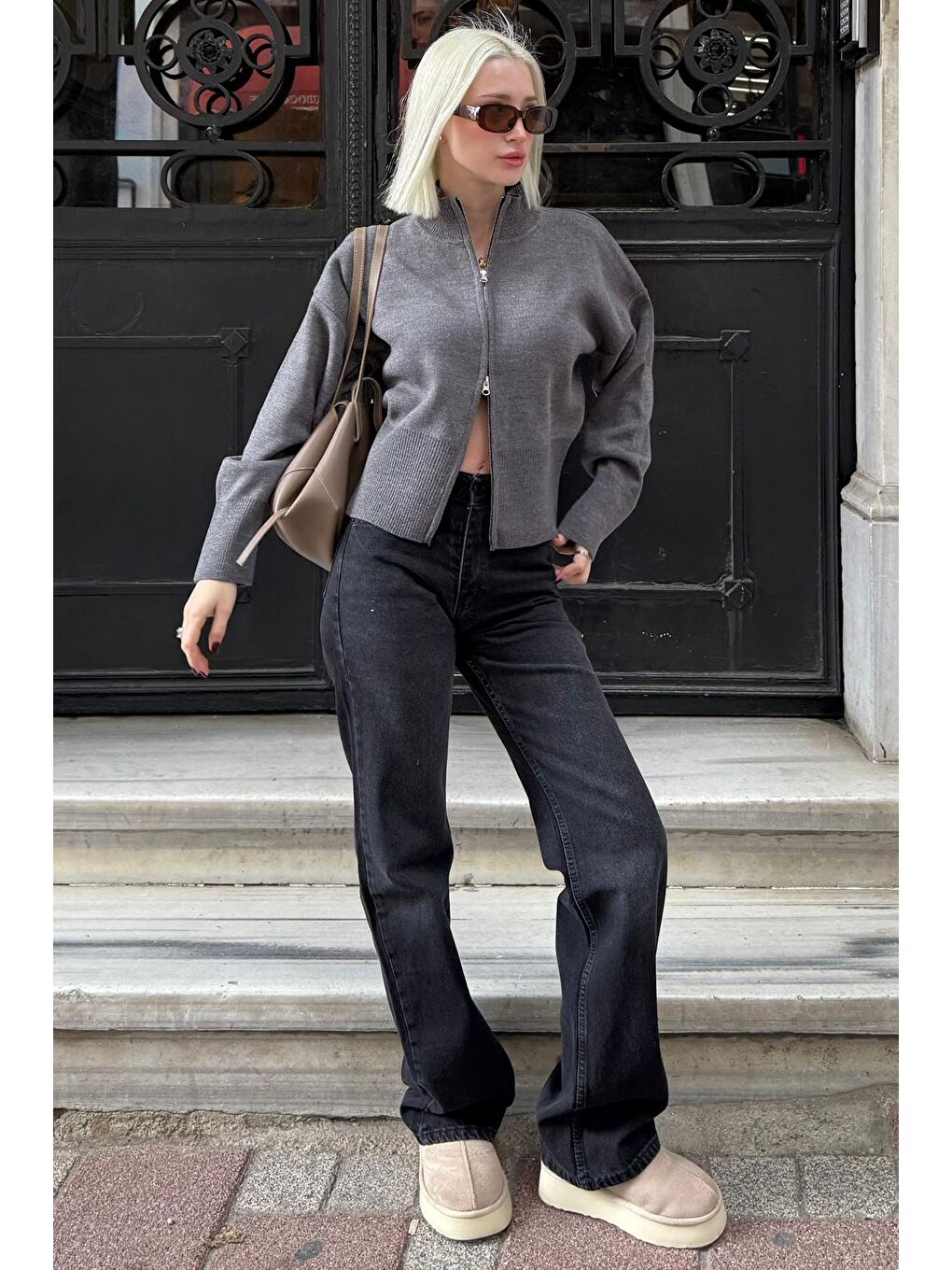 Antrasit Çift Fermuarlı Dik Yaka Kadın Triko Hırka Mg2505-2