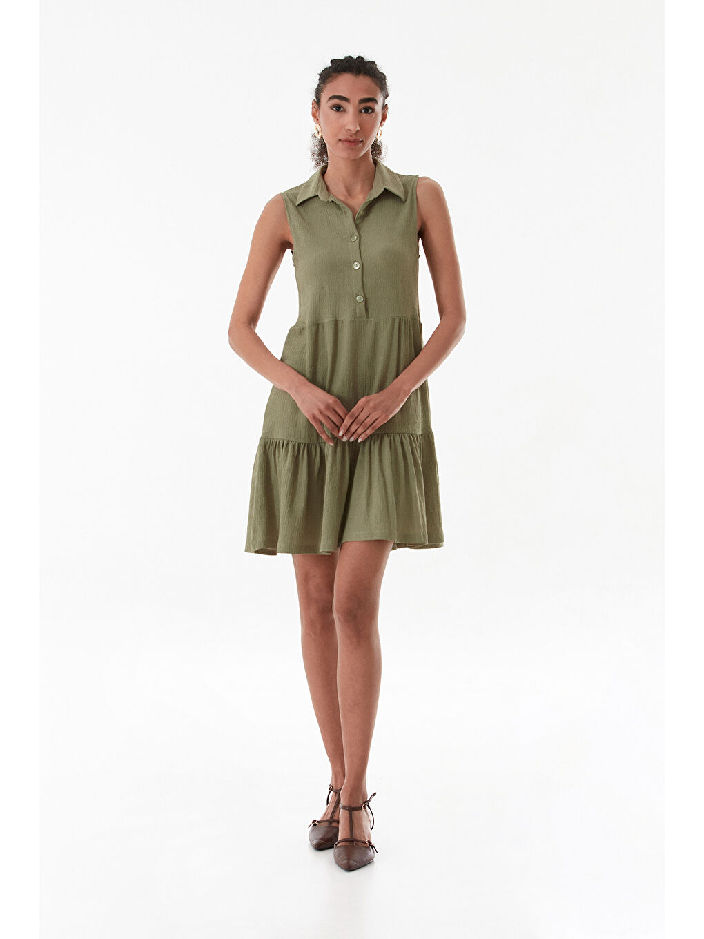 Turkuaz Bürümcük Kumaş Polo Yaka Yarım Düğmeli Elbise-1