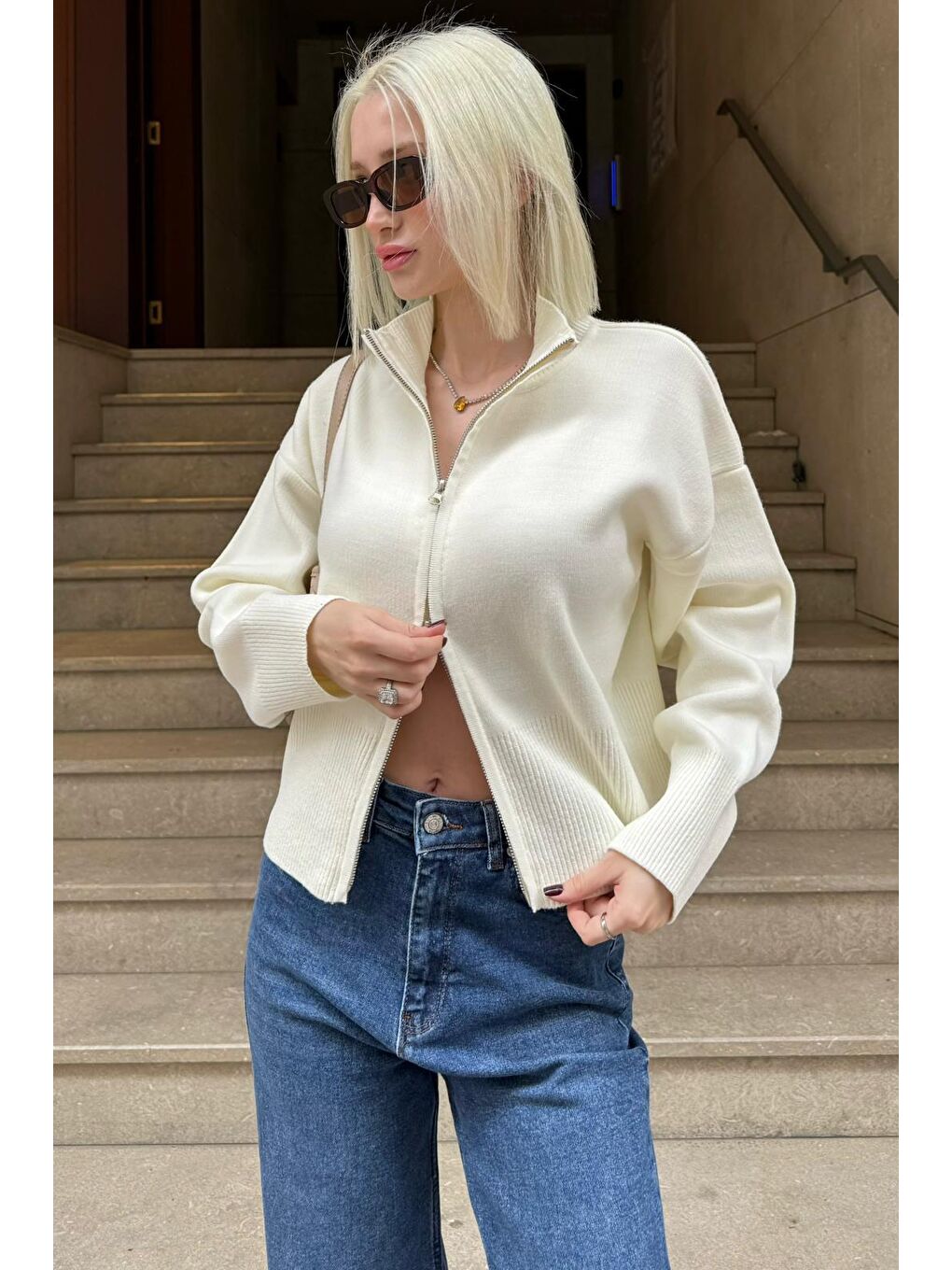 Ekru Çift Fermuarlı Dik Yaka Kadın Triko Hırka Mg2505