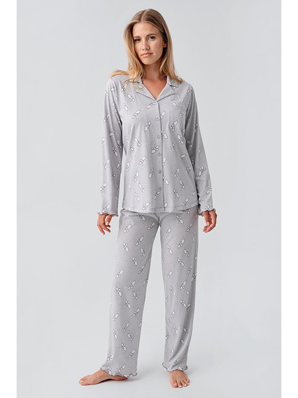 Gri Uzun Kollu Desenli Düğmeli Esnek Pamuklu Hamile Pijama Takım 18200-1