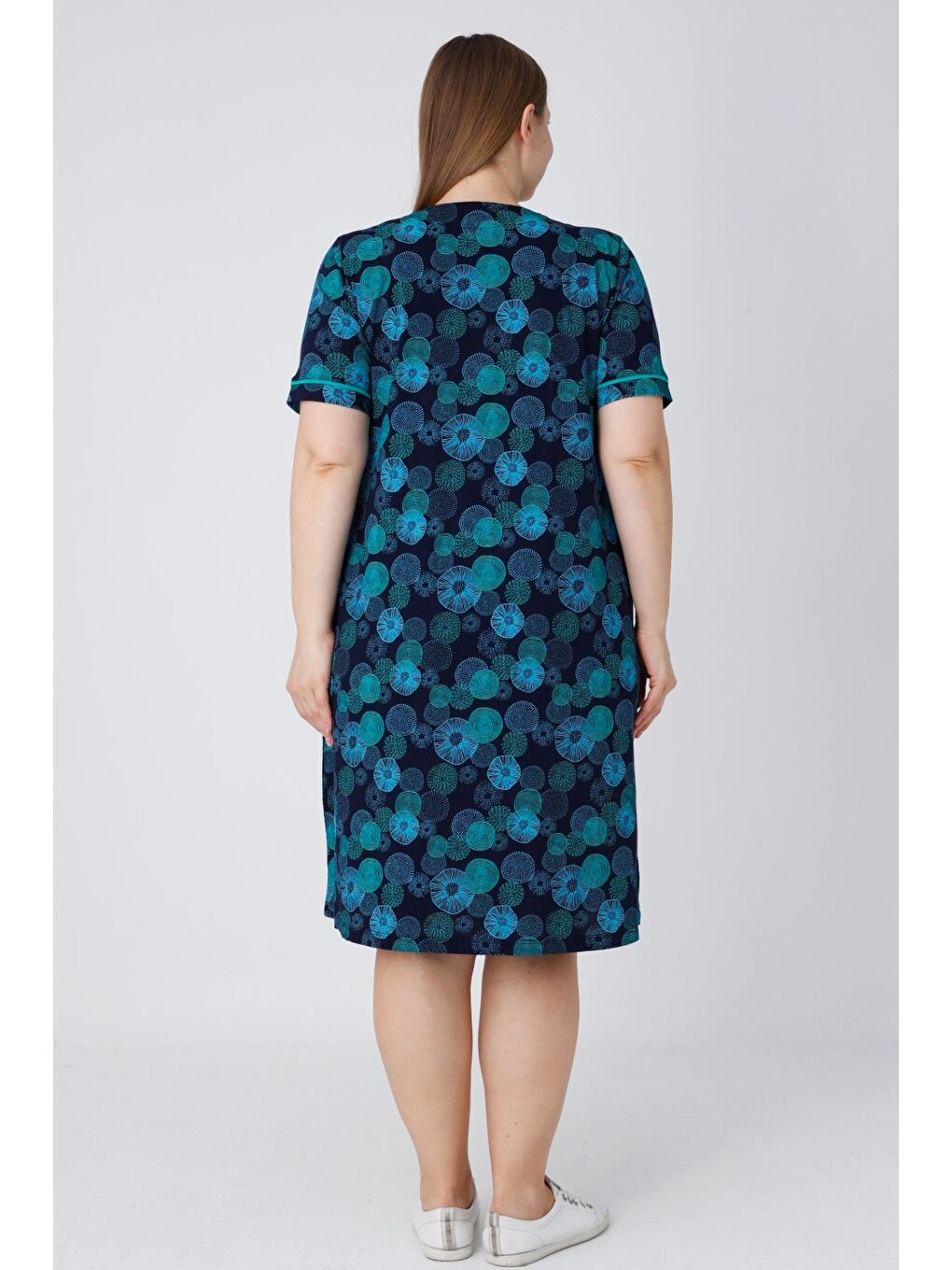 Lacivert Kadın Düğmeli Biyeli Cepli Kısa Kollu Pamuklu Rahat Kalıp Elbise-4