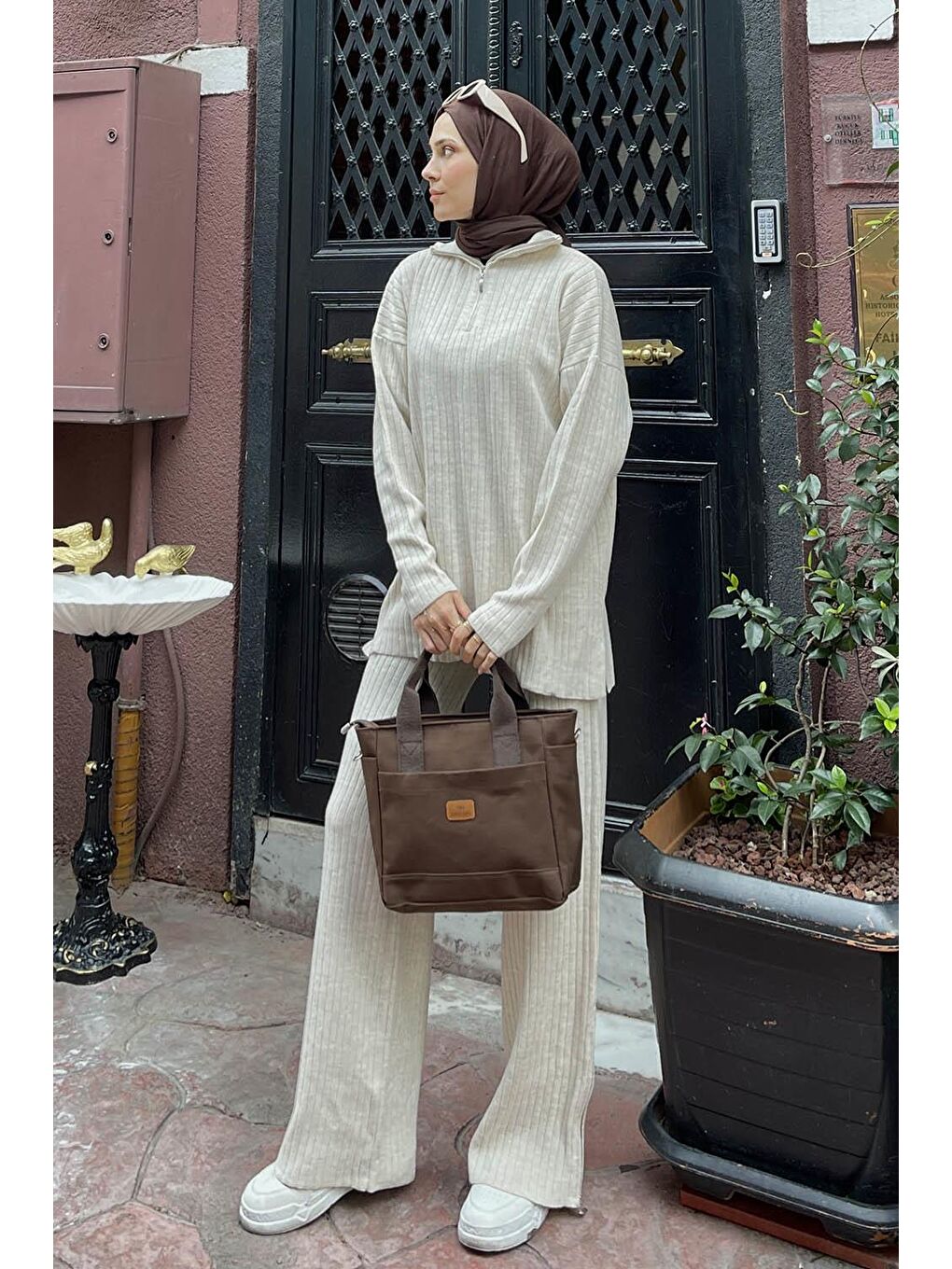 Ekru Fermuar Detaylı Pantolon Tesettür Takım Krem-1
