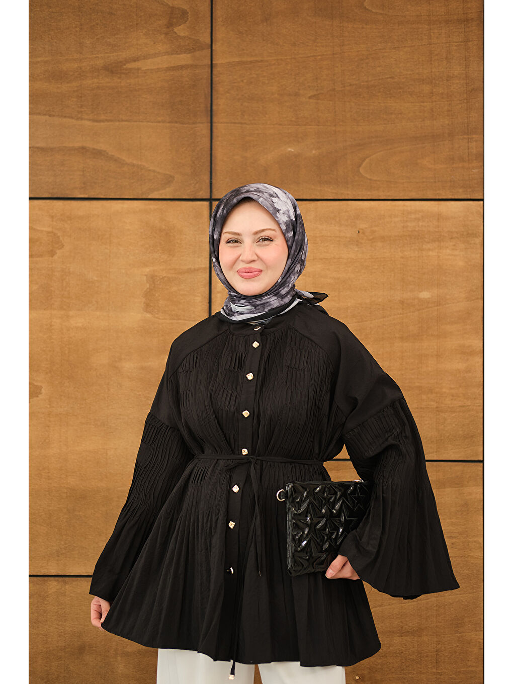 Kadın Martha Düğmeli Belden Bağlamalı Gömlek Siyah-3