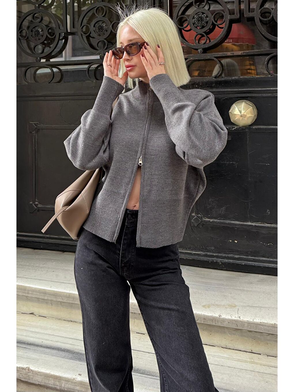 Antrasit Çift Fermuarlı Dik Yaka Kadın Triko Hırka Mg2505-3