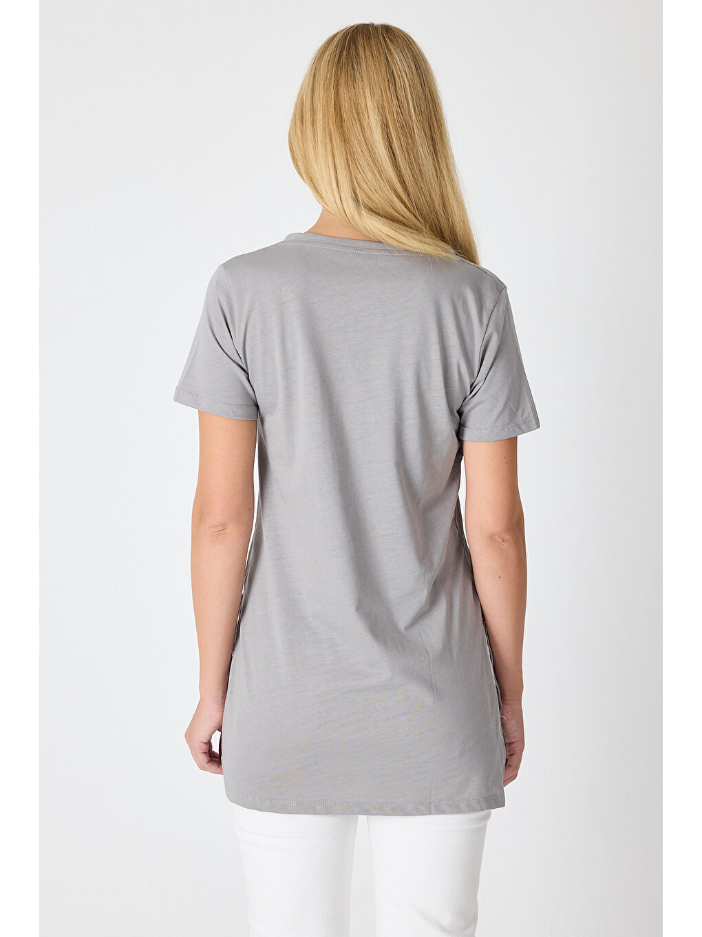 Gri Kadın Uzun V Yaka Tunik 2998-4