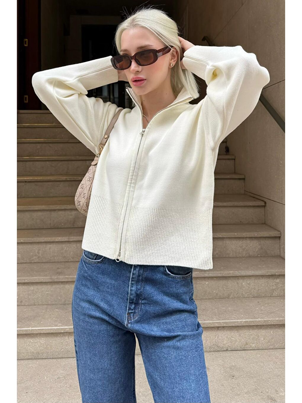 Ekru Çift Fermuarlı Dik Yaka Kadın Triko Hırka Mg2505-1