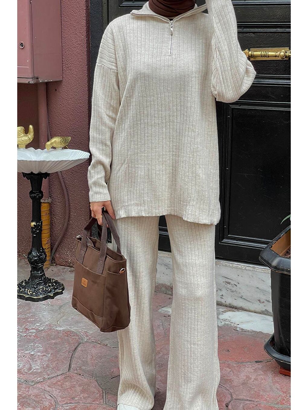 Ekru Fermuar Detaylı Pantolon Tesettür Takım Krem-2