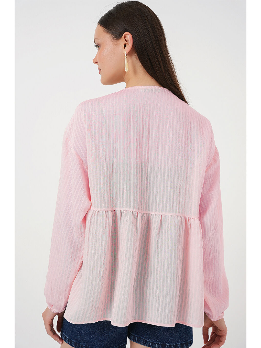 Kadın Önü Bağcıklı Uzun Kol Bluz 946 - Pembe-1