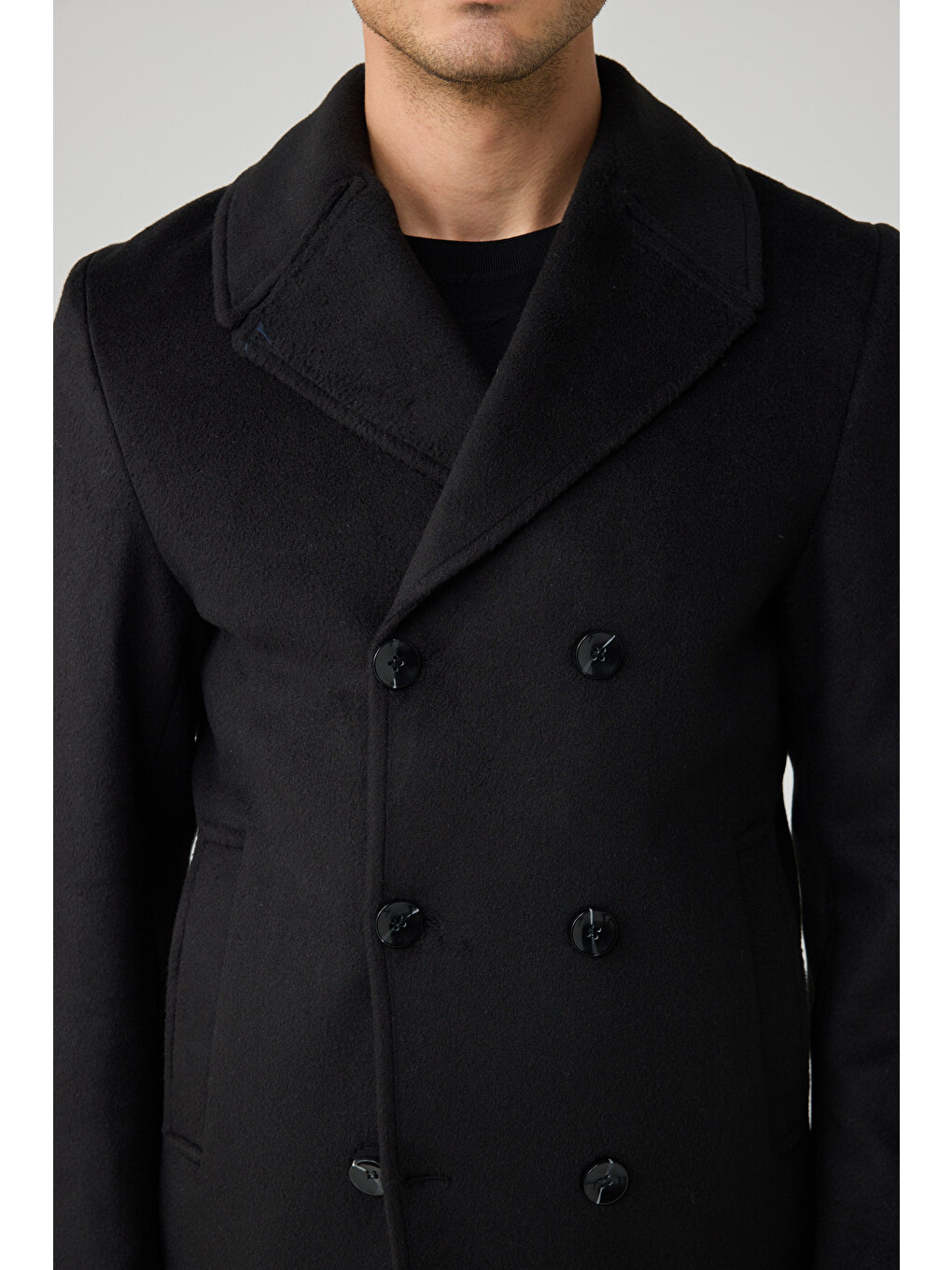 Erkek Relaxed Fit Yün Kruvaze Kaşe Palto Siyah 4350dngr-4