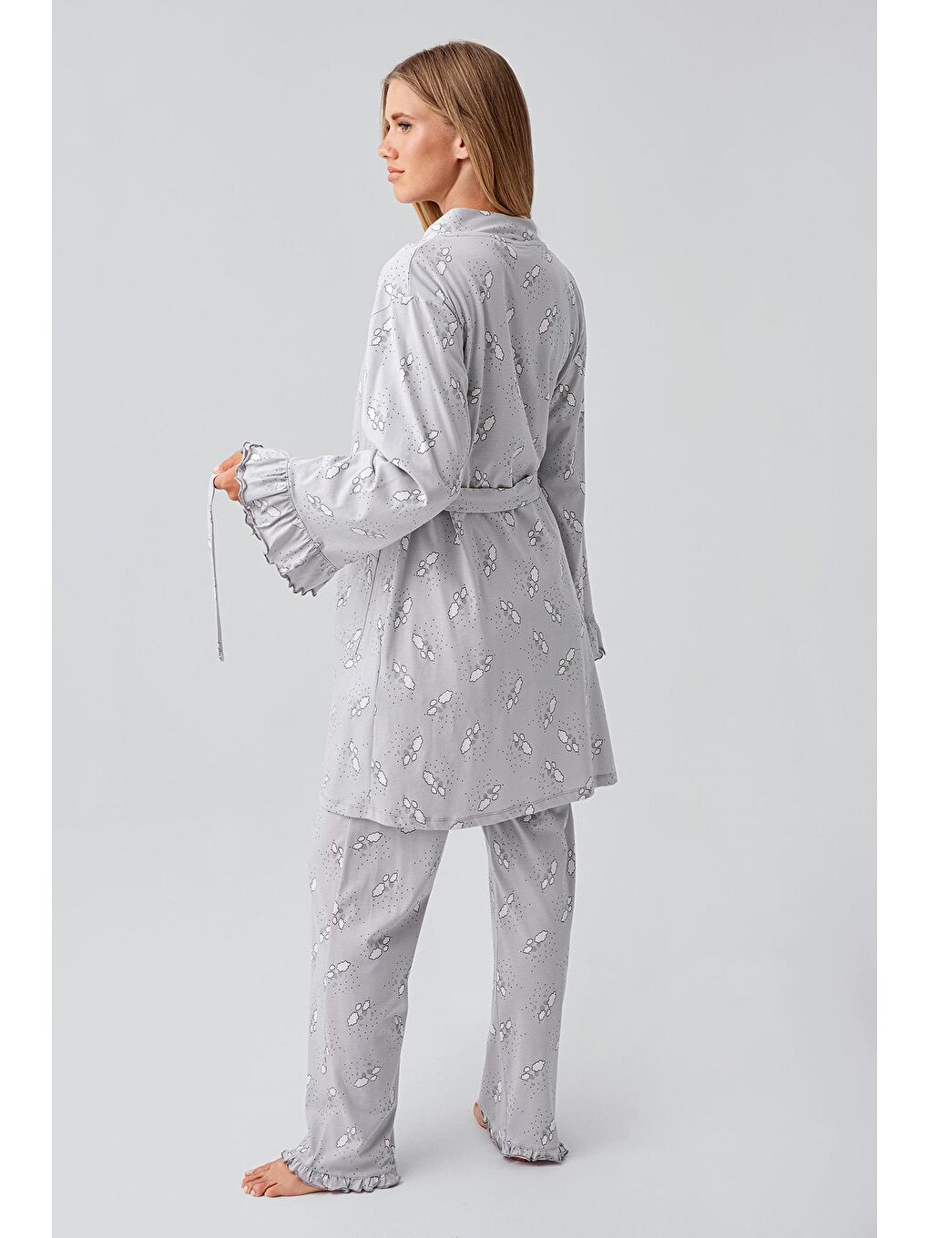 Gri Uzun Kollu Desenli Esnek Pamuklu Hamile Sabahlık Pijama Takım 18300-2