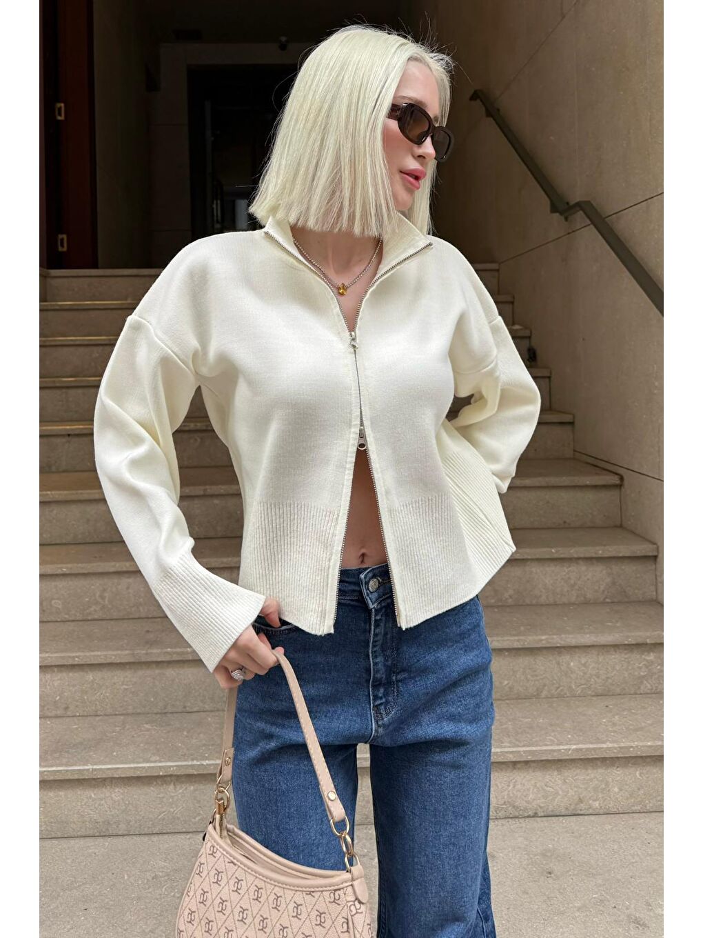 Ekru Çift Fermuarlı Dik Yaka Kadın Triko Hırka Mg2505-2