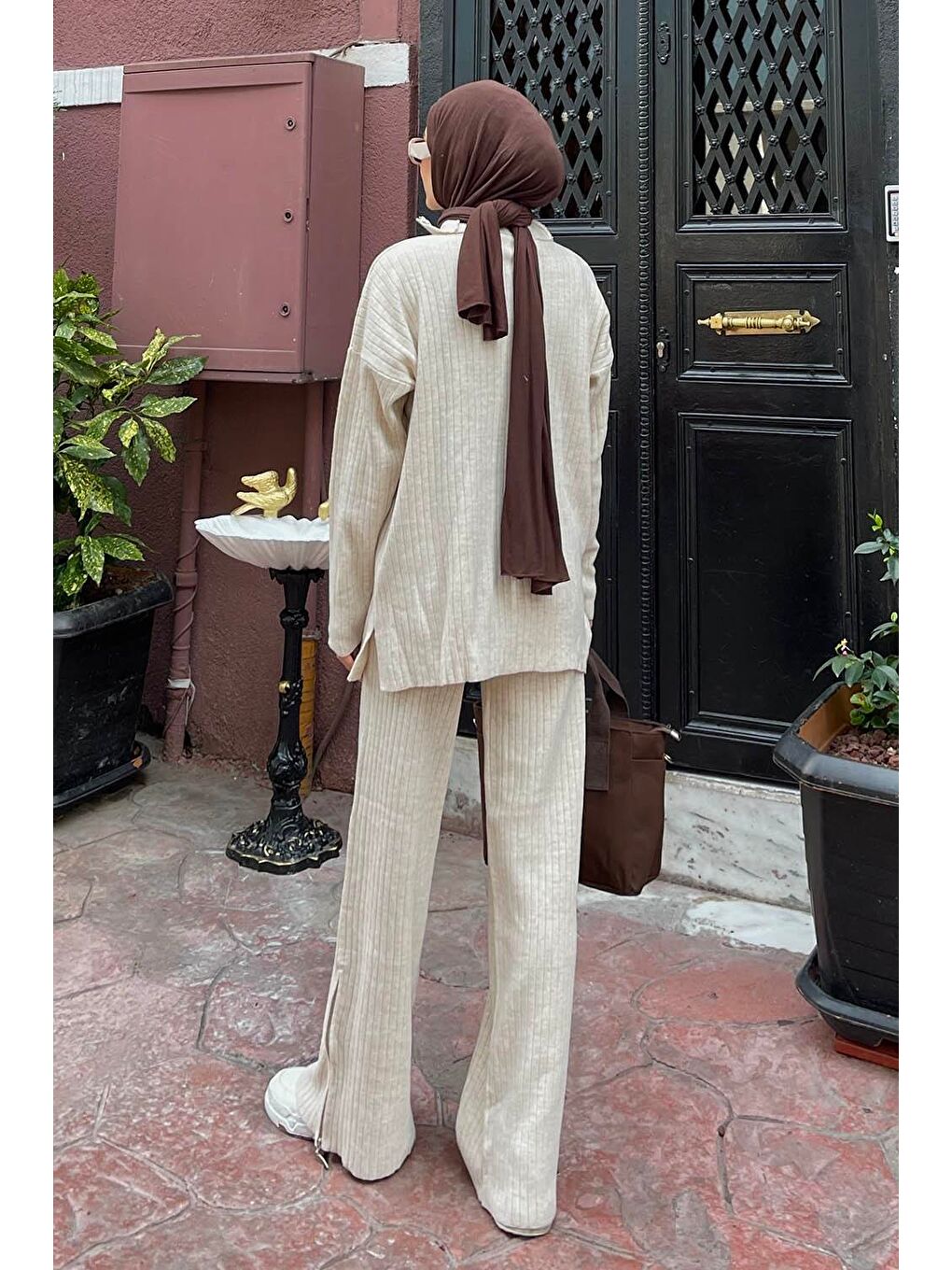 Ekru Fermuar Detaylı Pantolon Tesettür Takım Krem-3
