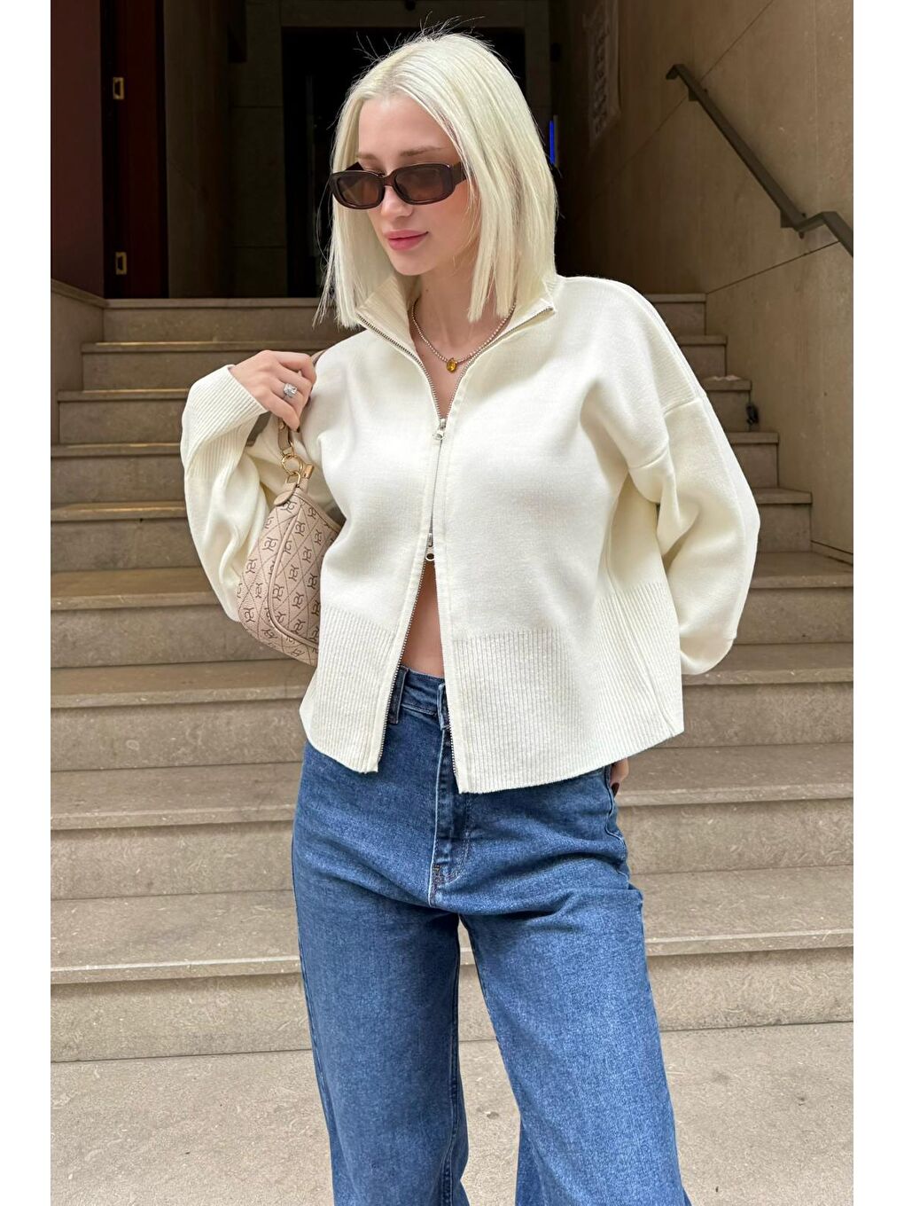 Ekru Çift Fermuarlı Dik Yaka Kadın Triko Hırka Mg2505-3