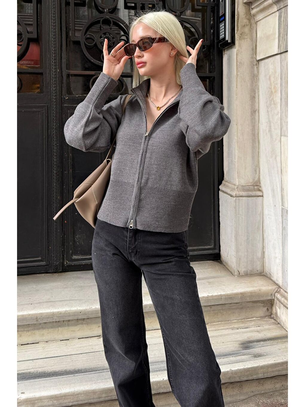 Antrasit Çift Fermuarlı Dik Yaka Kadın Triko Hırka Mg2505-4