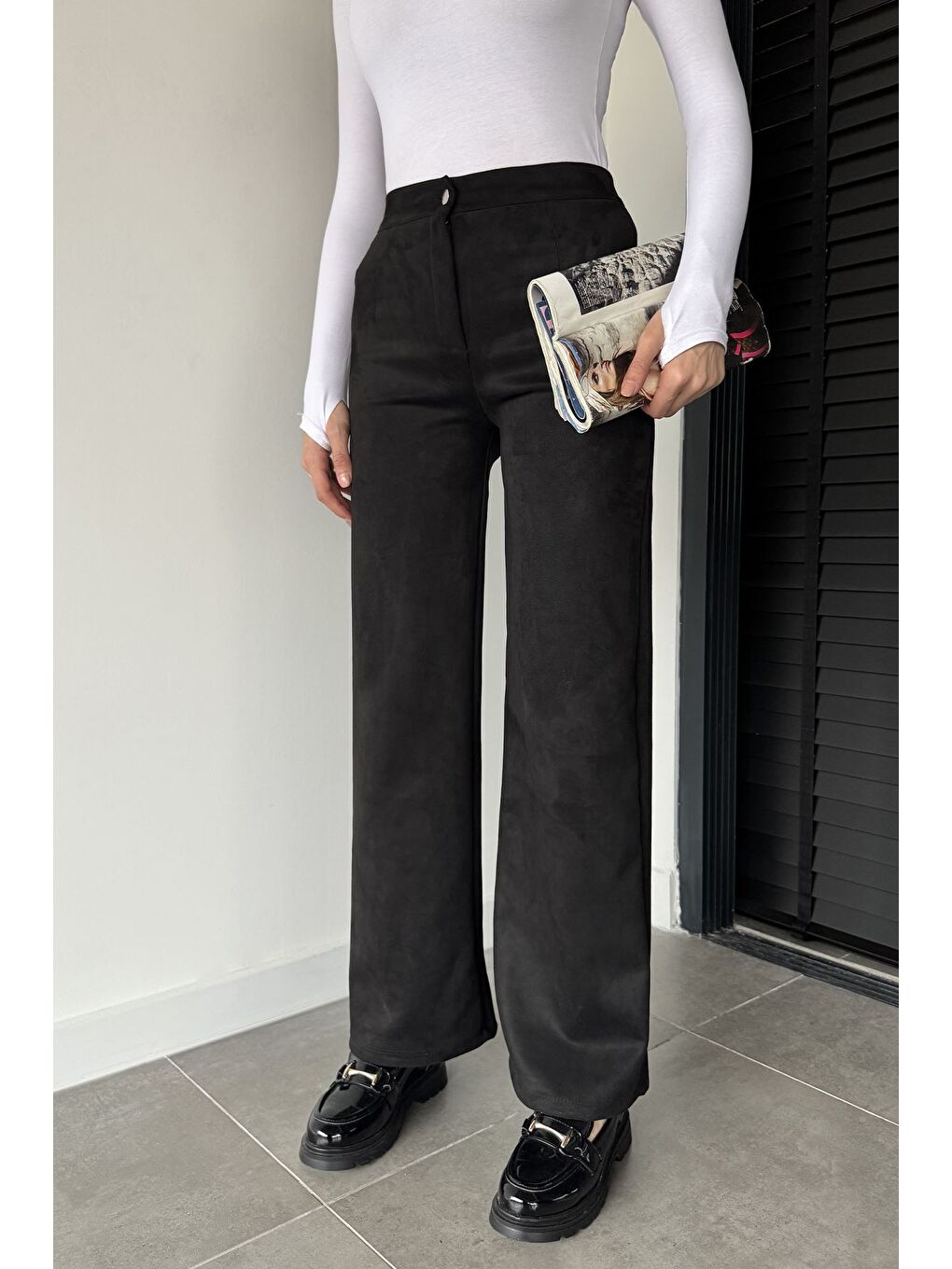 Siyah Kadın Yüksek Bel Palazzo Süet Pantolon