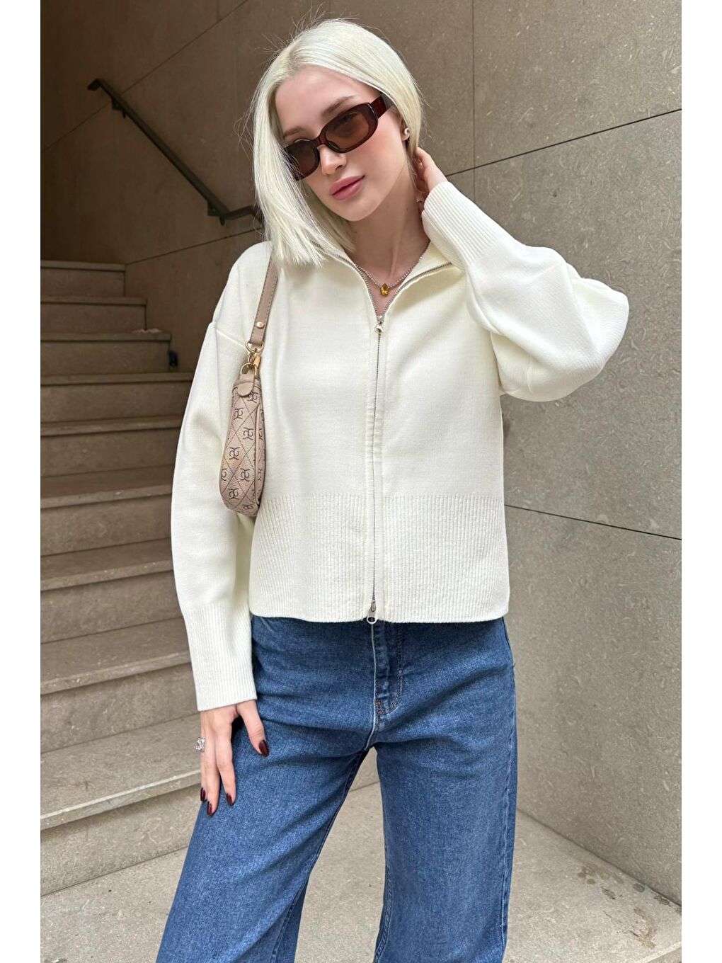 Ekru Çift Fermuarlı Dik Yaka Kadın Triko Hırka Mg2505-4