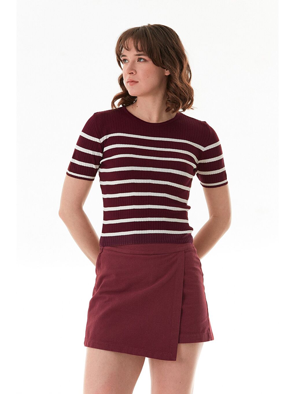Bordo Çizgili Fitilli Bisiklet Yaka Triko Bluz-2