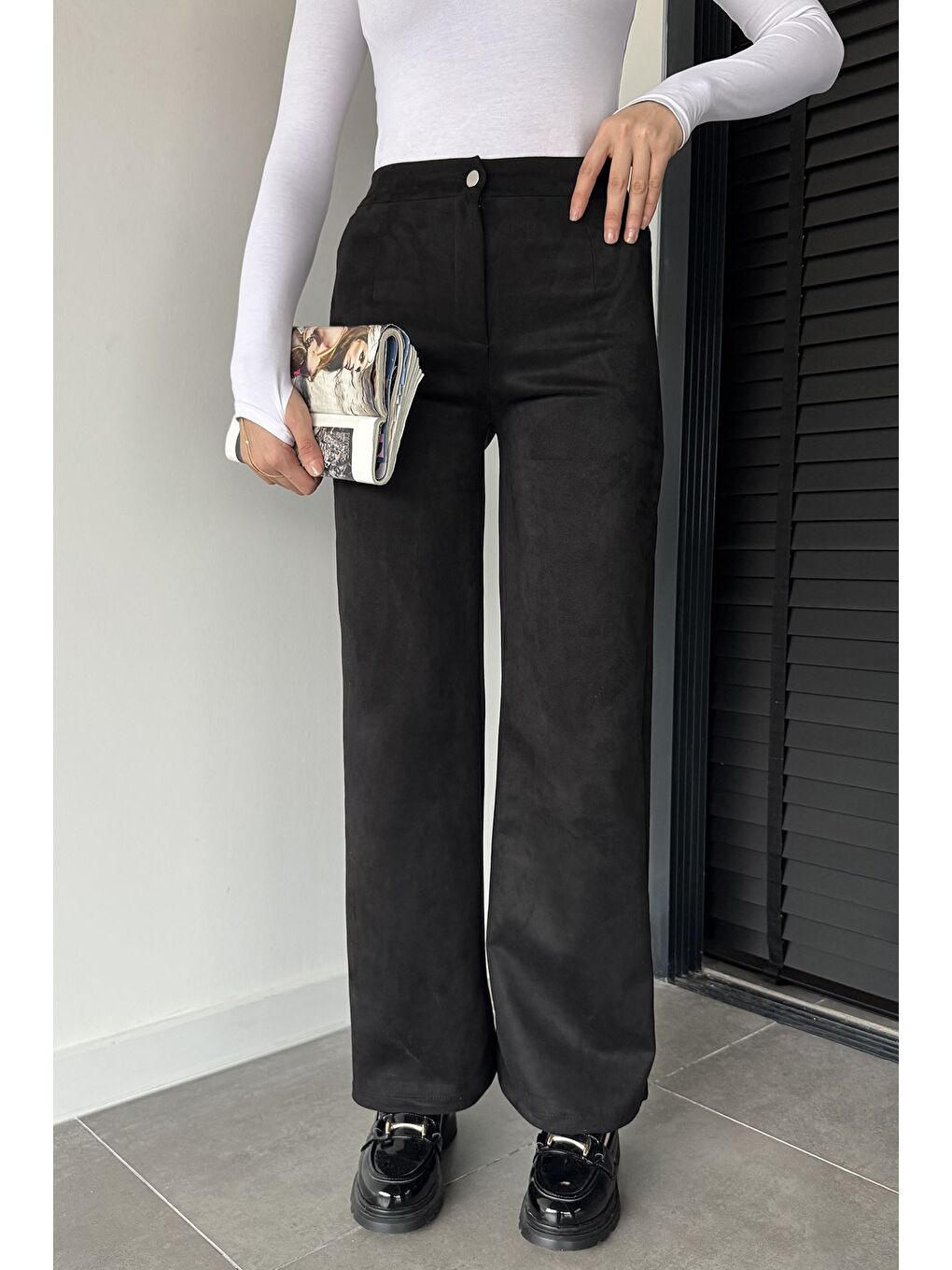 Siyah Kadın Yüksek Bel Palazzo Süet Pantolon-1