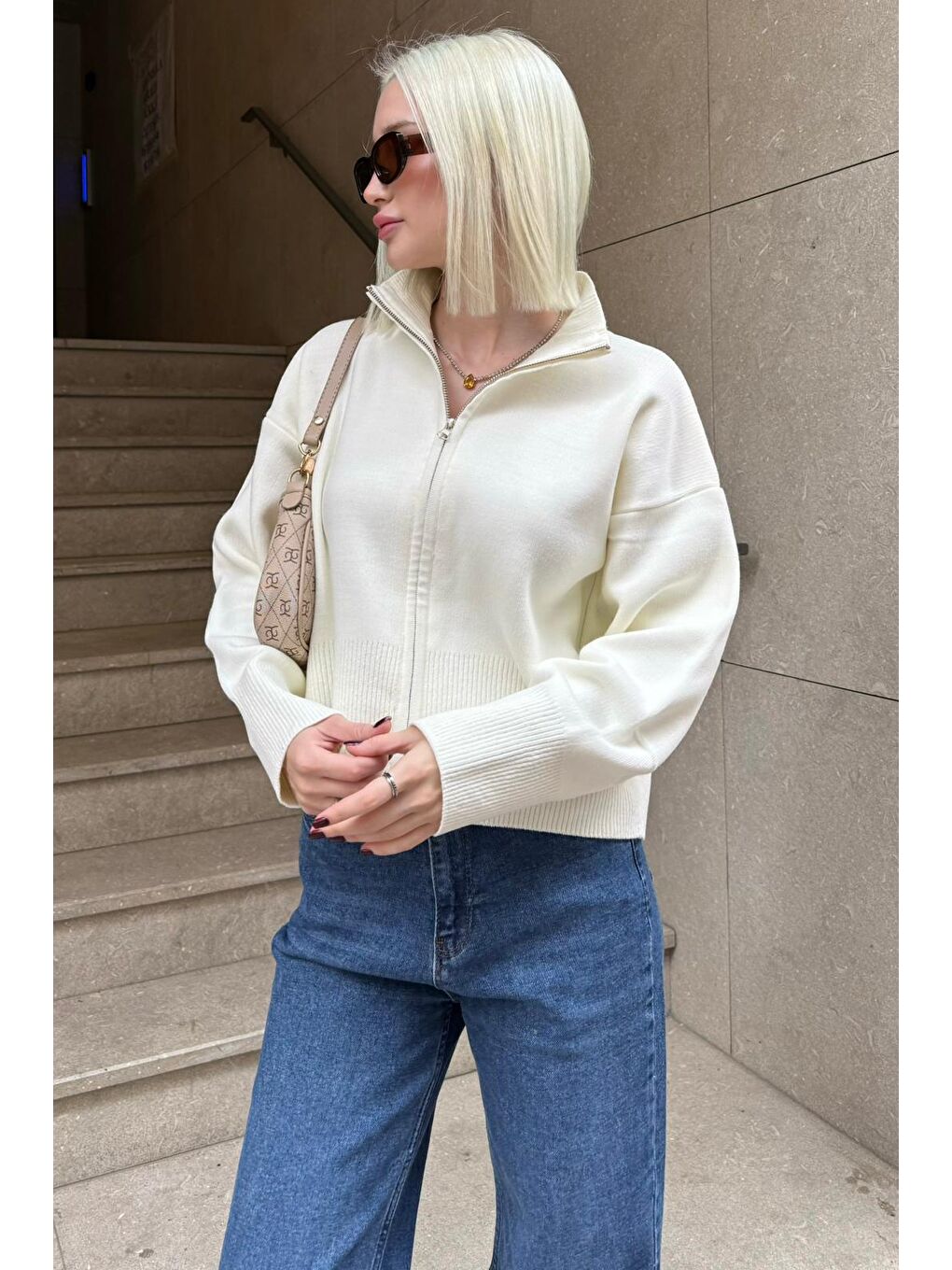 Ekru Çift Fermuarlı Dik Yaka Kadın Triko Hırka Mg2505-5