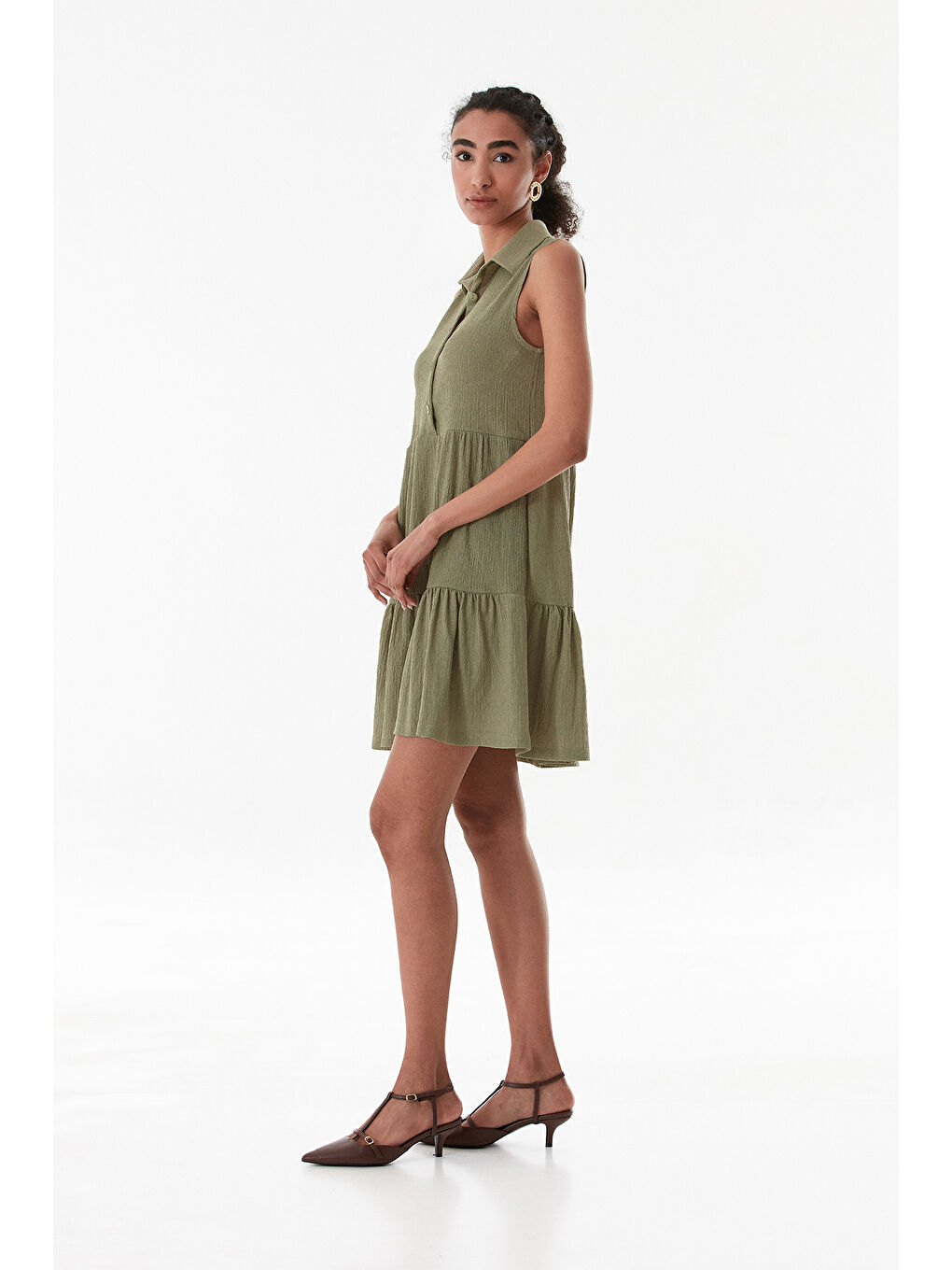 Turkuaz Bürümcük Kumaş Polo Yaka Yarım Düğmeli Elbise-2