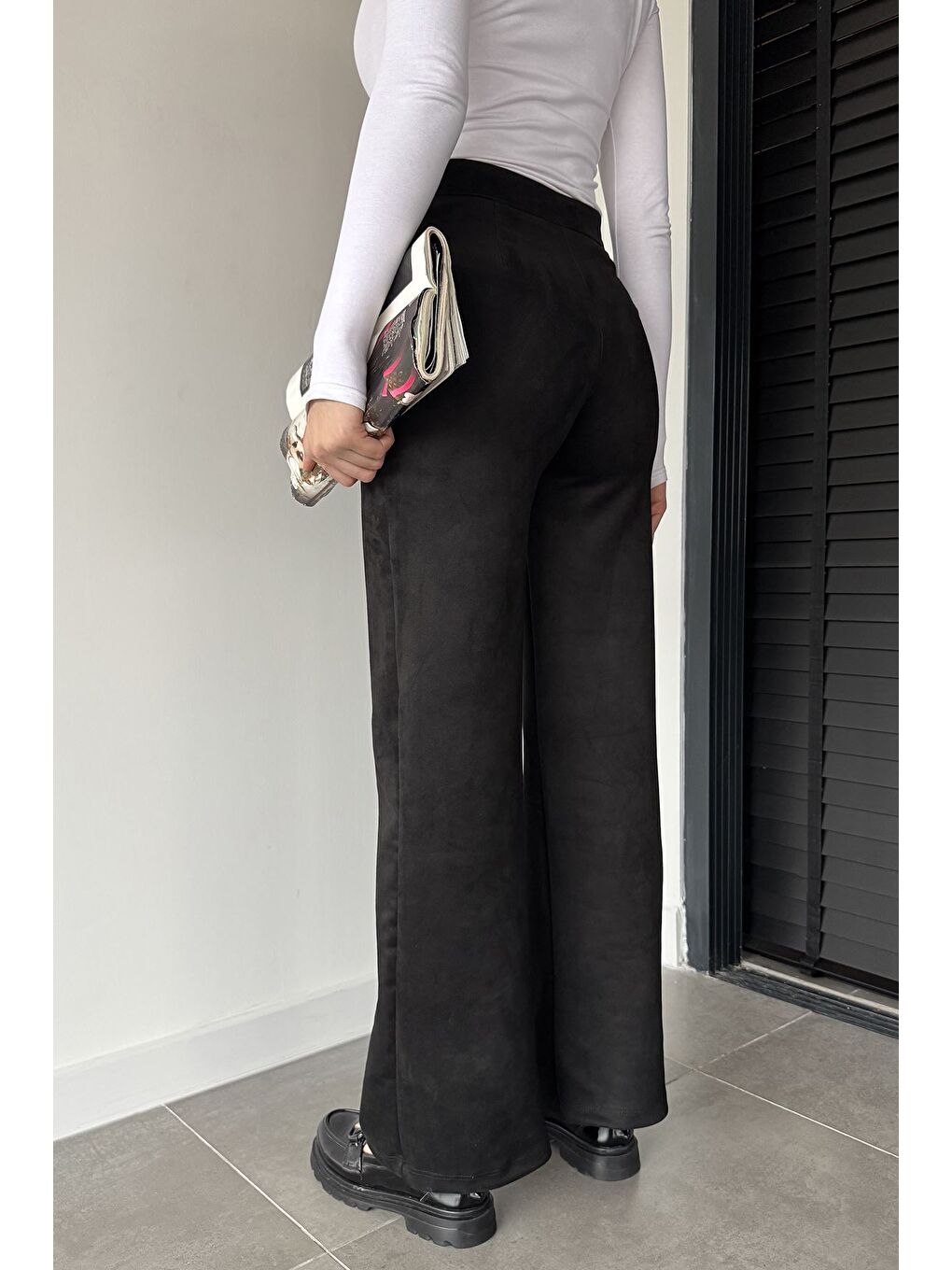 Siyah Kadın Yüksek Bel Palazzo Süet Pantolon-2