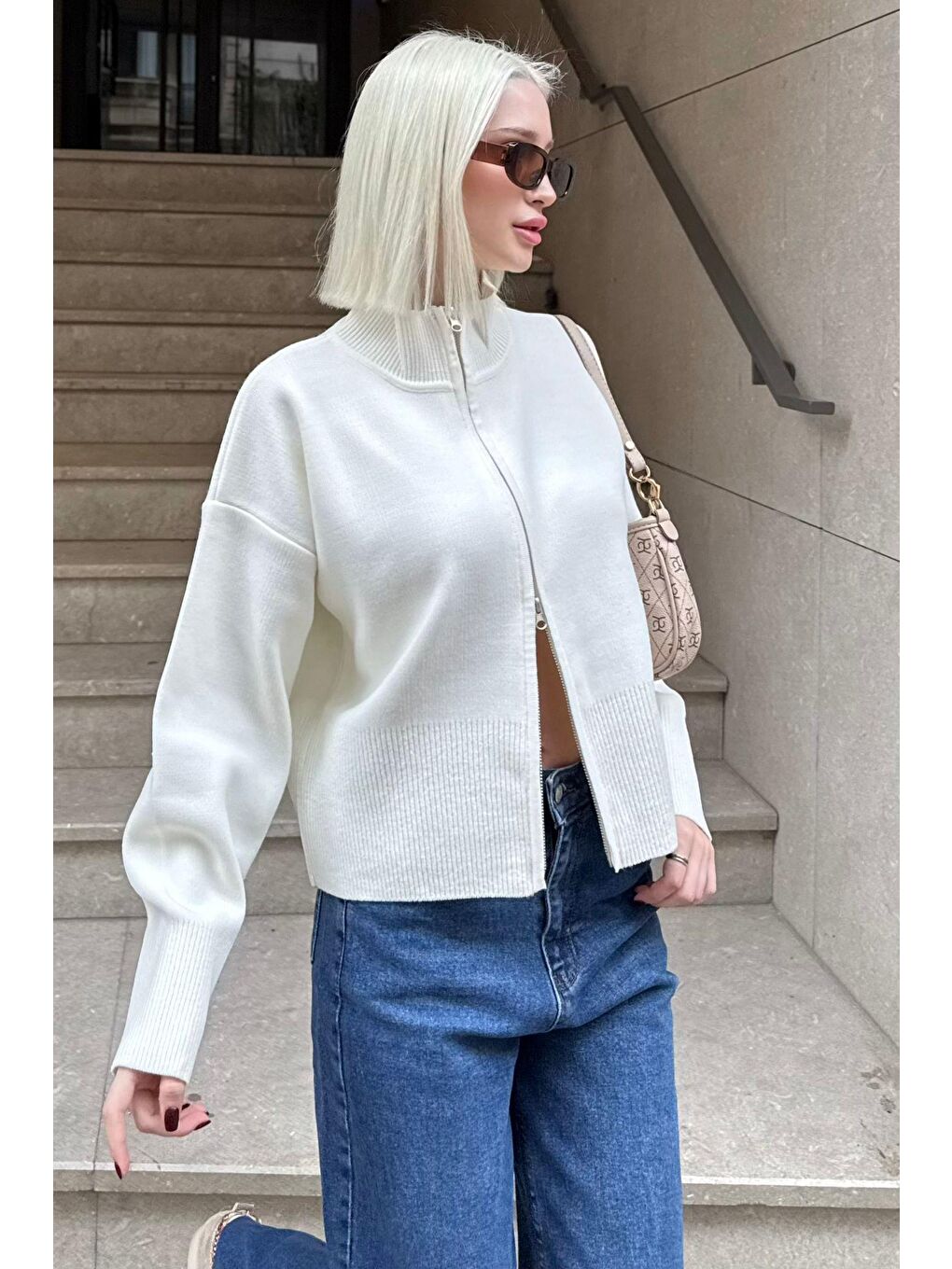 Ekru Çift Fermuarlı Dik Yaka Kadın Triko Hırka Mg2505-6