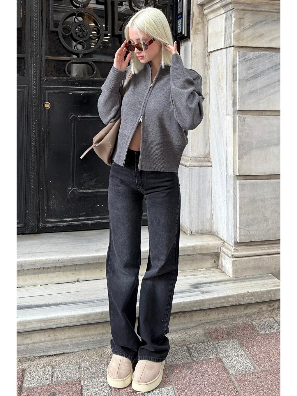 Antrasit Çift Fermuarlı Dik Yaka Kadın Triko Hırka Mg2505-5