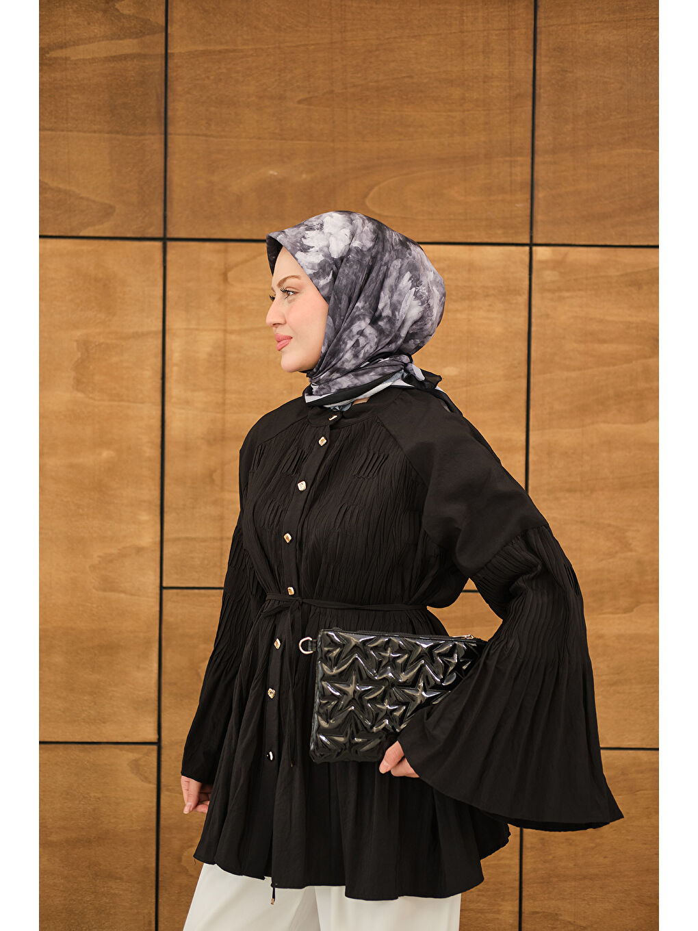 Kadın Martha Düğmeli Belden Bağlamalı Gömlek Siyah-4