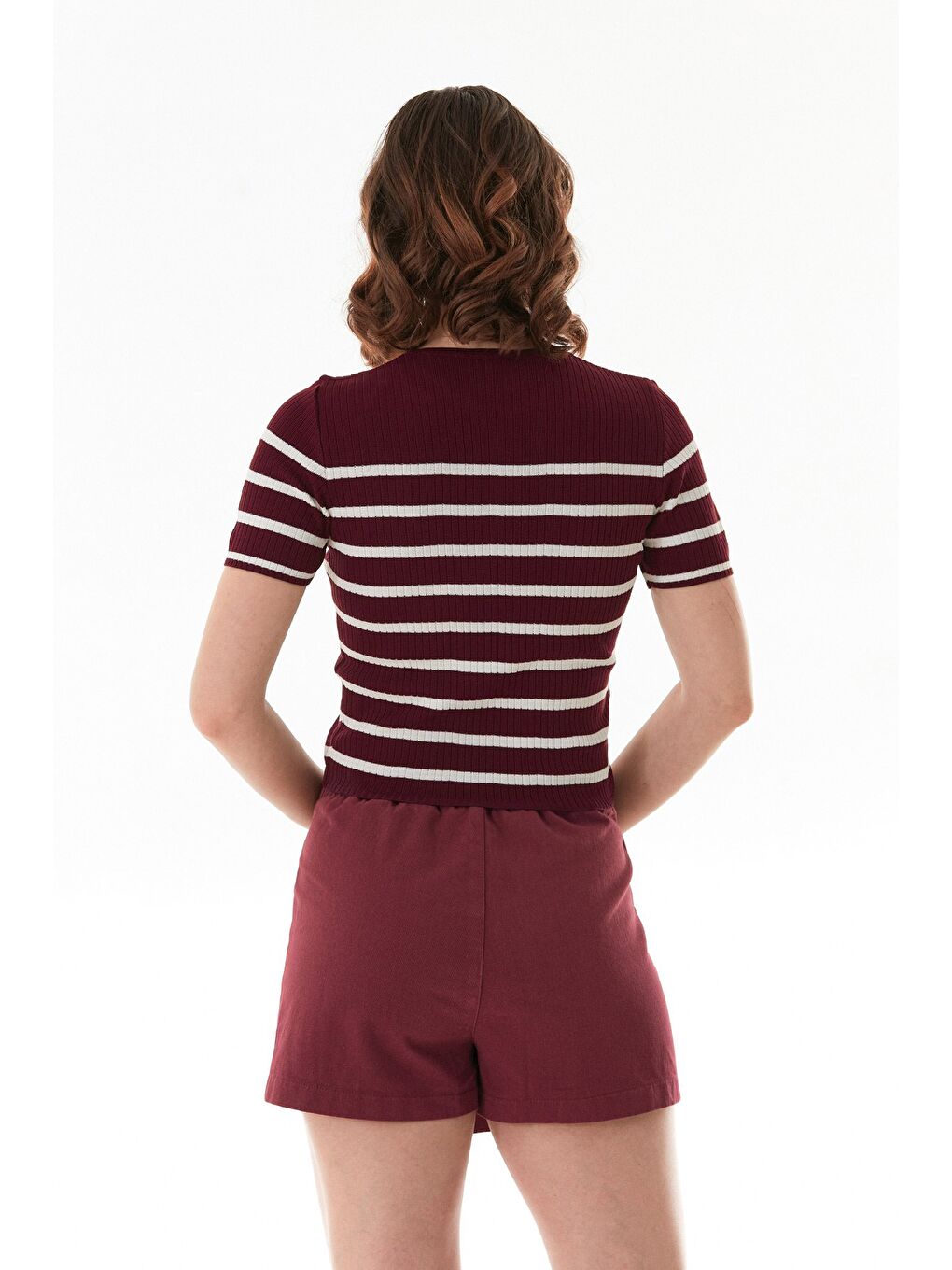 Bordo Çizgili Fitilli Bisiklet Yaka Triko Bluz-4