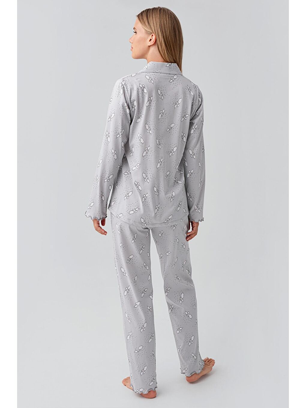 Gri Uzun Kollu Desenli Düğmeli Esnek Pamuklu Hamile Pijama Takım 18200-2
