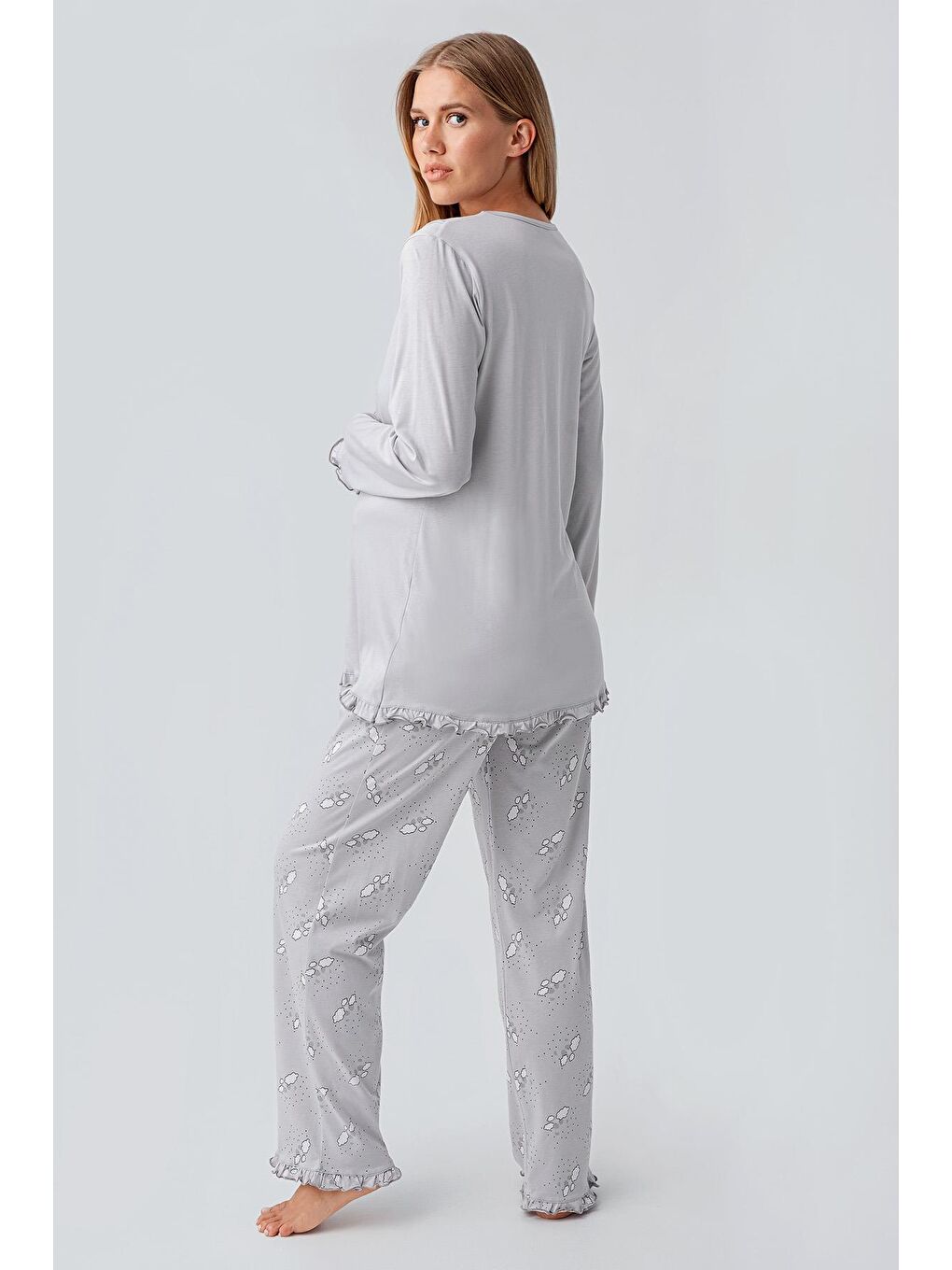 Gri Uzun Kollu Desenli Esnek Pamuklu Hamile Sabahlık Pijama Takım 18300-3