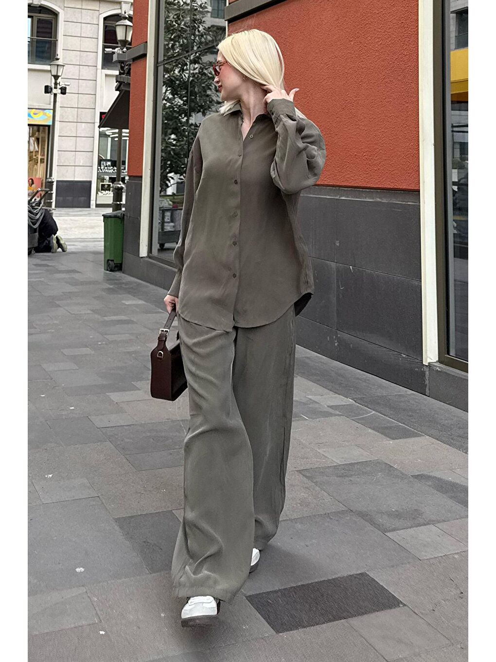 Haki Basic Kadın Gömlek Pantolon İkili Takım Mg2352