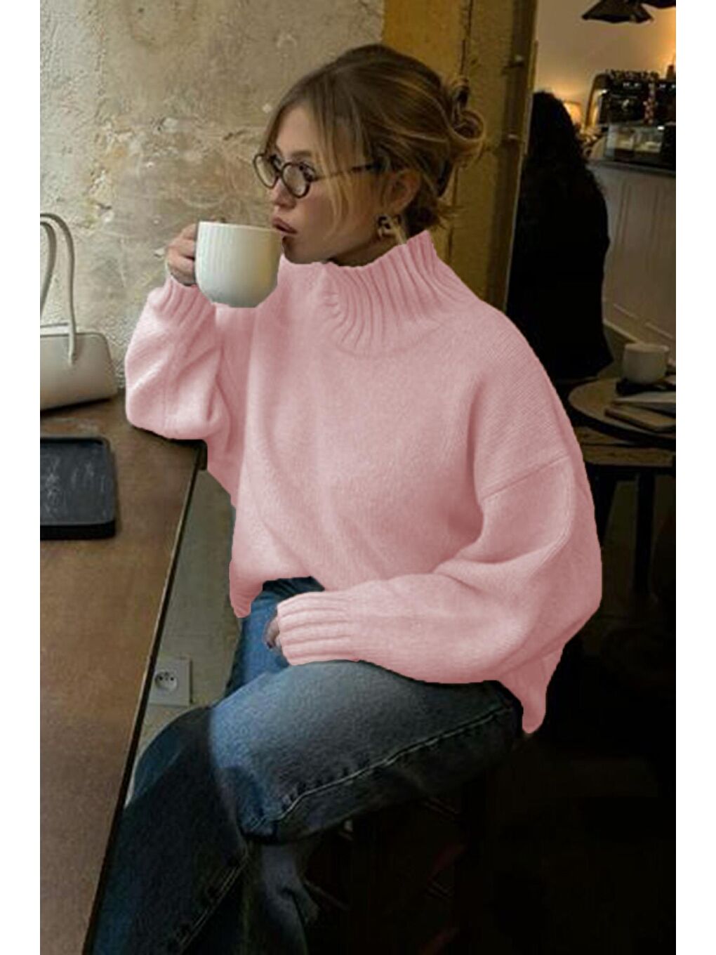 Pembe Boğazlı Kadın Triko Kazak Mg2535-1