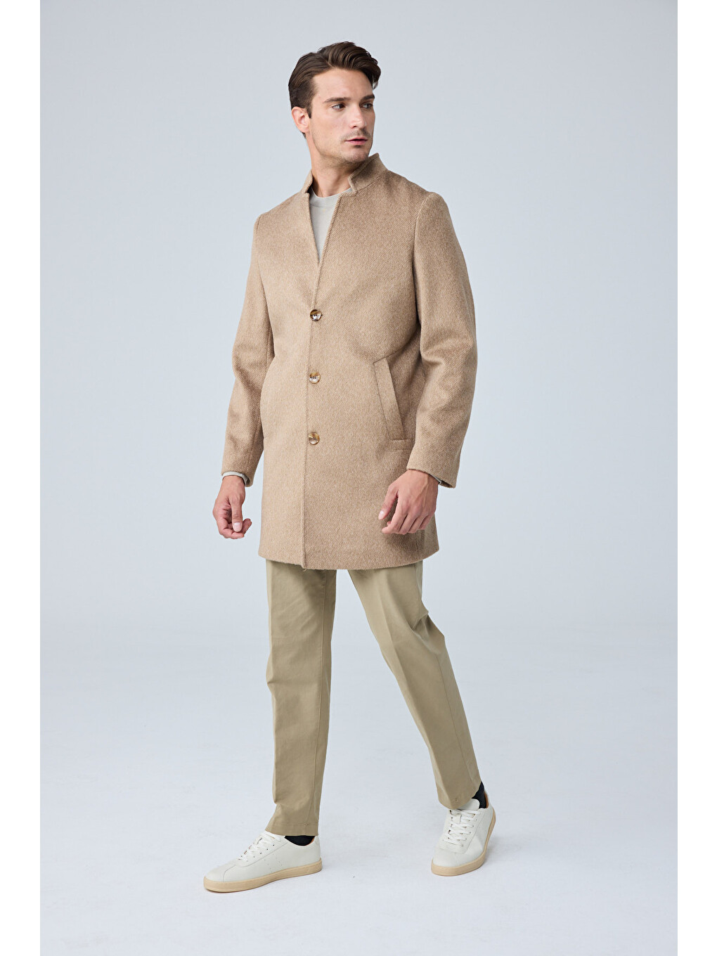 Erkek Relaxed-fit Premium Yün Kaşe Kaban Bej 4351dngr