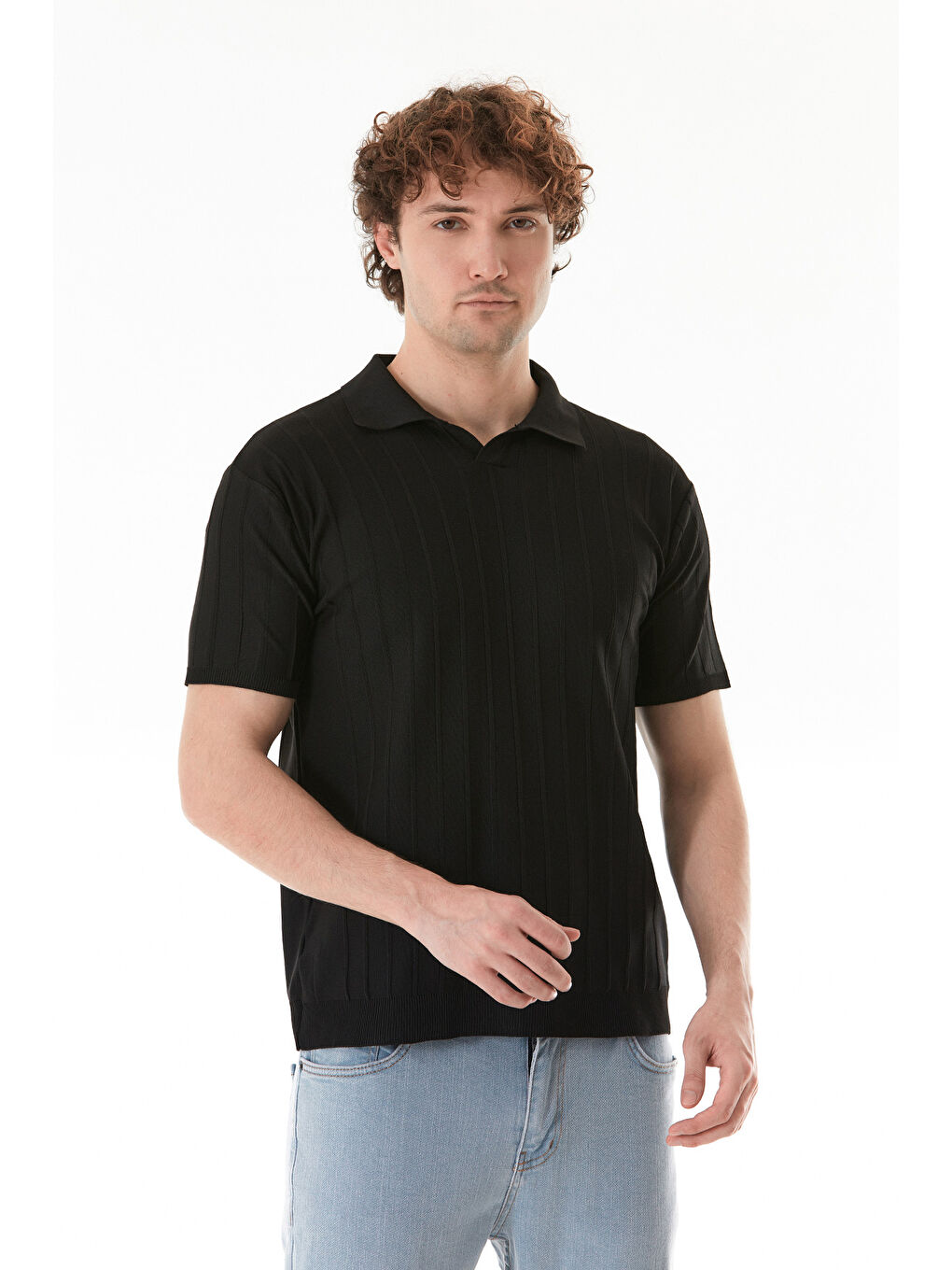 Siyah Şeritli Polo Yaka Triko Tişört