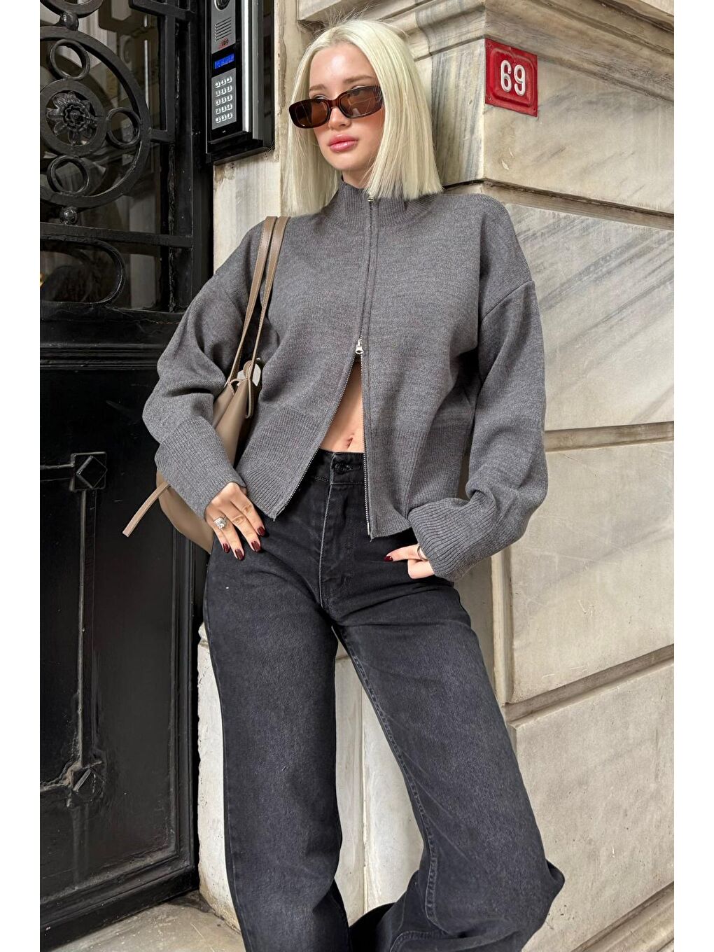 Antrasit Çift Fermuarlı Dik Yaka Kadın Triko Hırka Mg2505-6