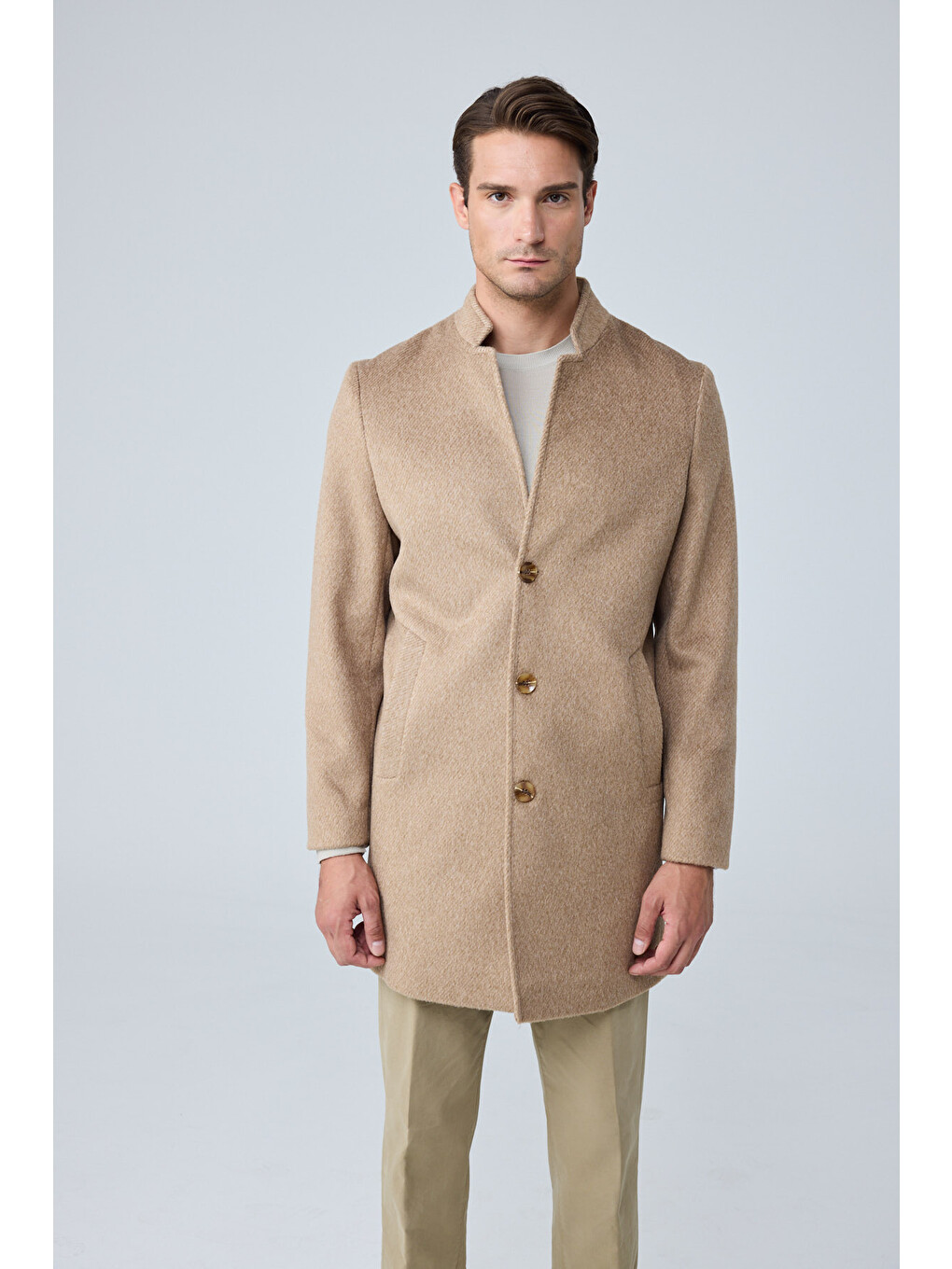Erkek Relaxed-fit Premium Yün Kaşe Kaban Bej 4351dngr-1