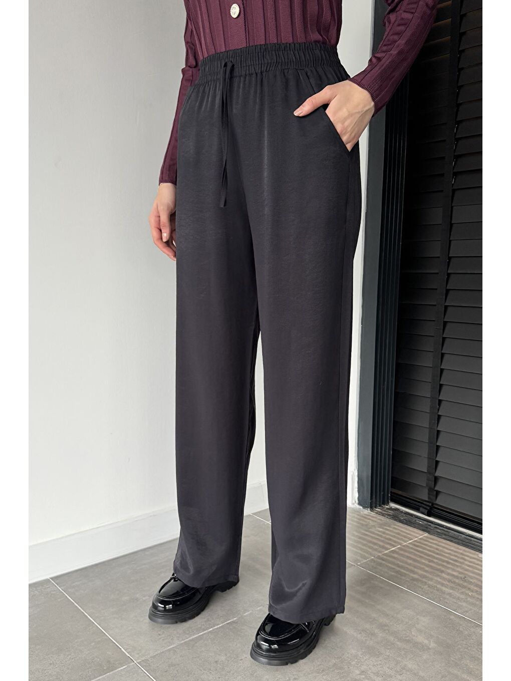 Siyah Kadın Bel Lastikli Yüksek Bel Palazzo Pantolon