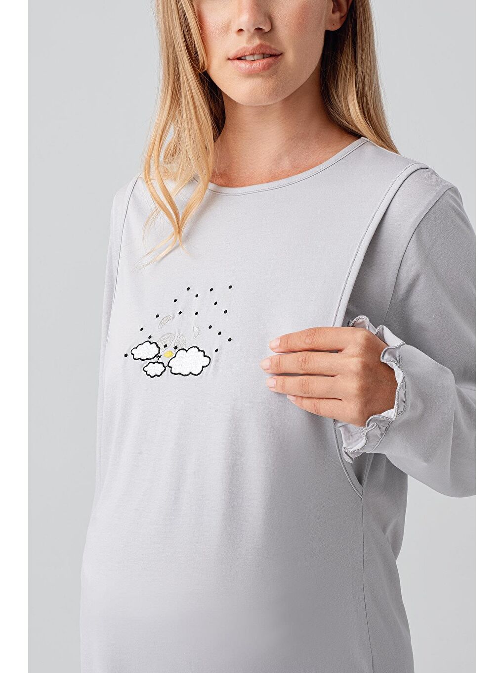 Gri Uzun Kollu Desenli Esnek Pamuklu Hamile Sabahlık Pijama Takım 18300-4