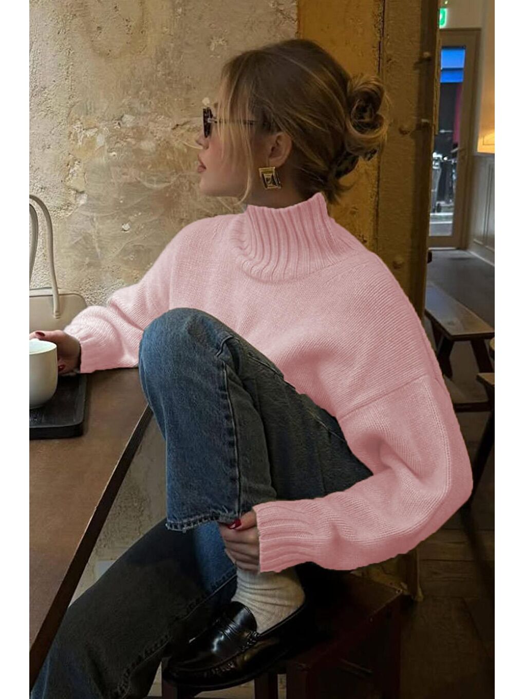 Pembe Boğazlı Kadın Triko Kazak Mg2535-3