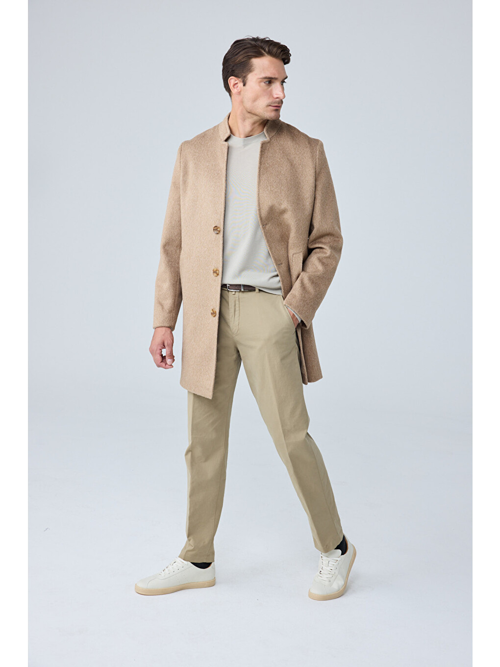 Erkek Relaxed-fit Premium Yün Kaşe Kaban Bej 4351dngr-2