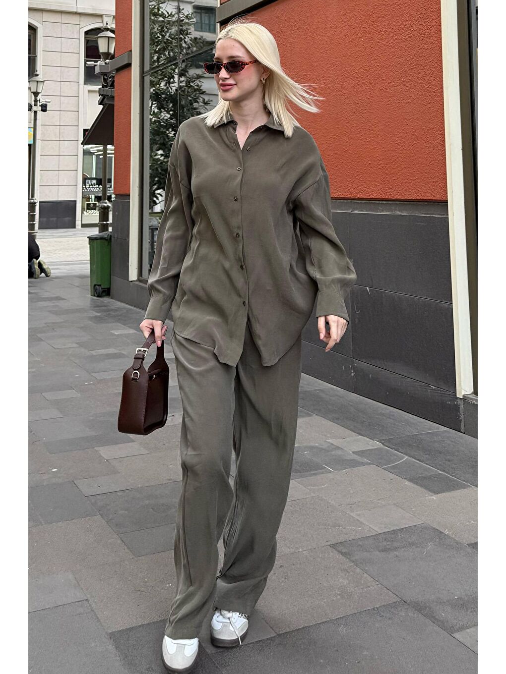 Haki Basic Kadın Gömlek Pantolon İkili Takım Mg2352-1