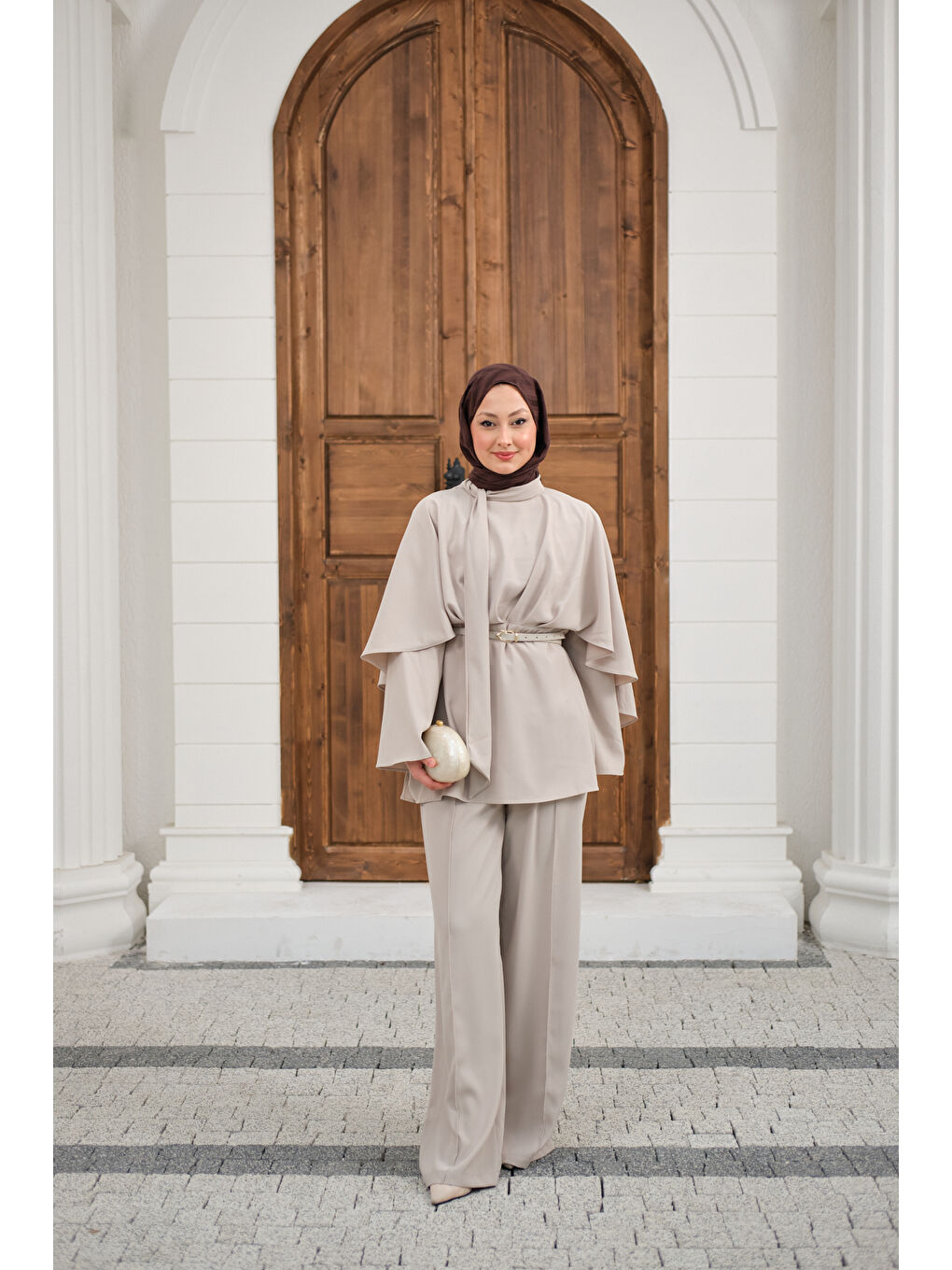 Bej Kadın Önü Pile Detay Kemerli Takım Taş-4