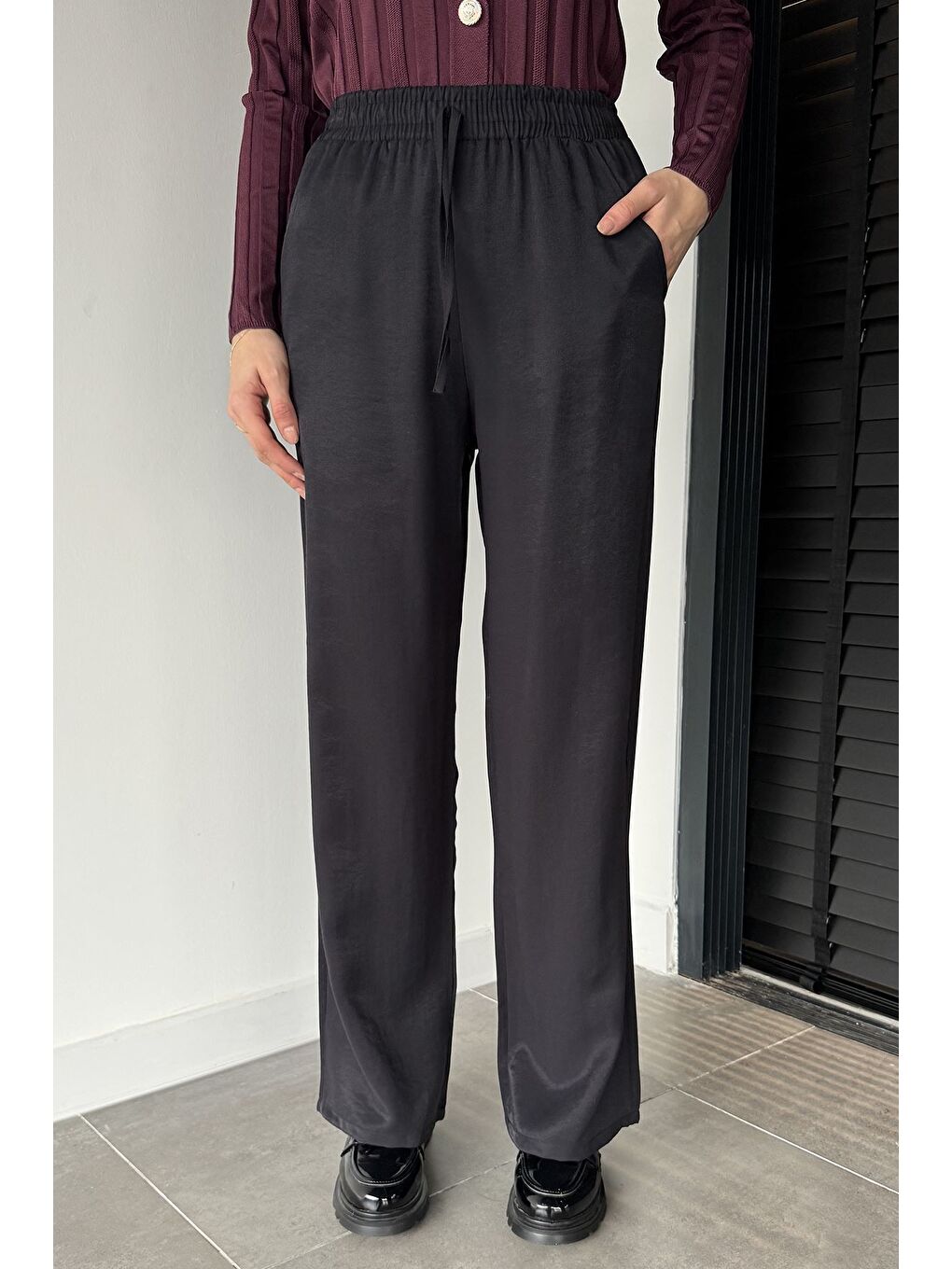 Siyah Kadın Bel Lastikli Yüksek Bel Palazzo Pantolon-1