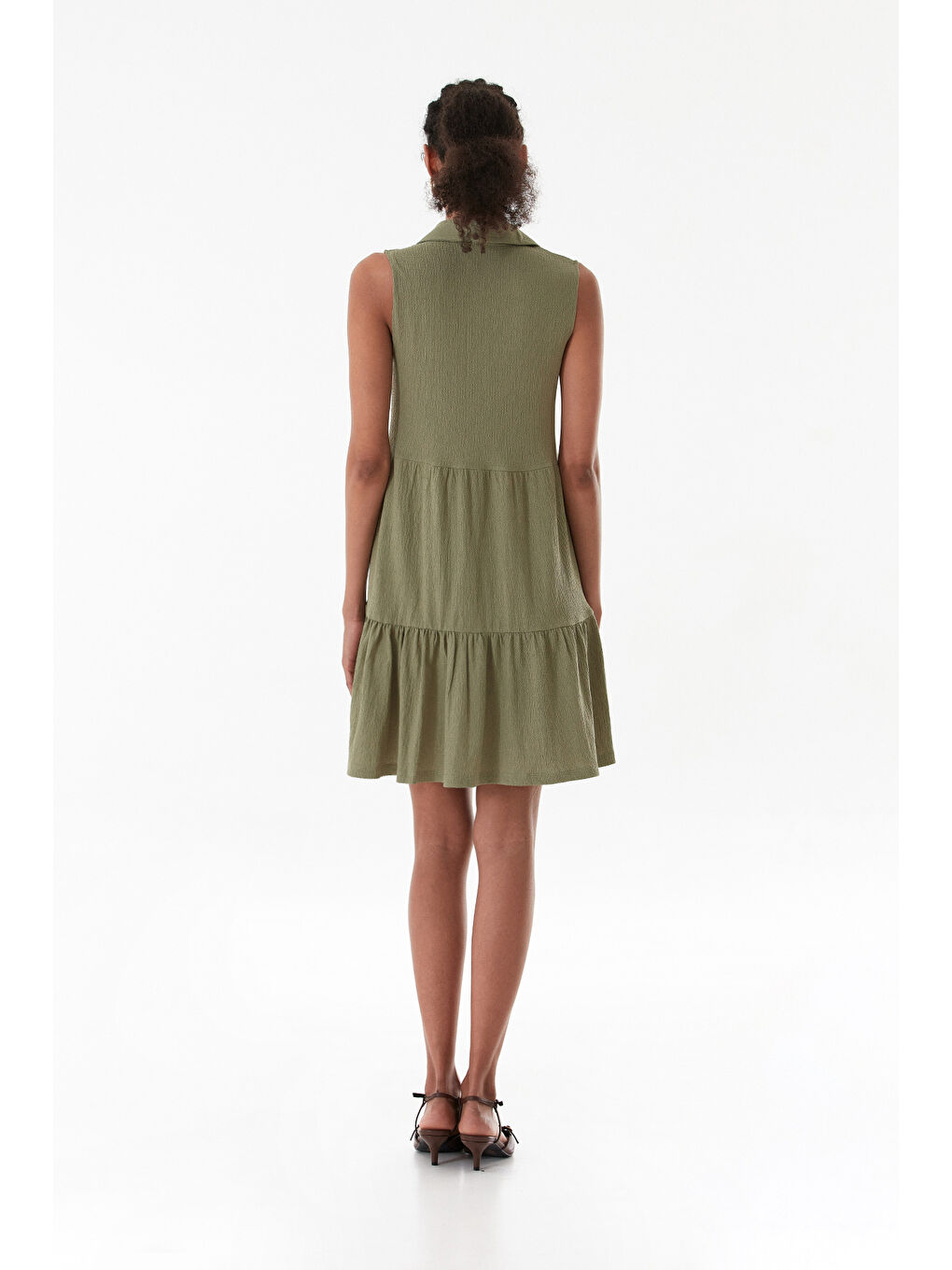 Turkuaz Bürümcük Kumaş Polo Yaka Yarım Düğmeli Elbise-3