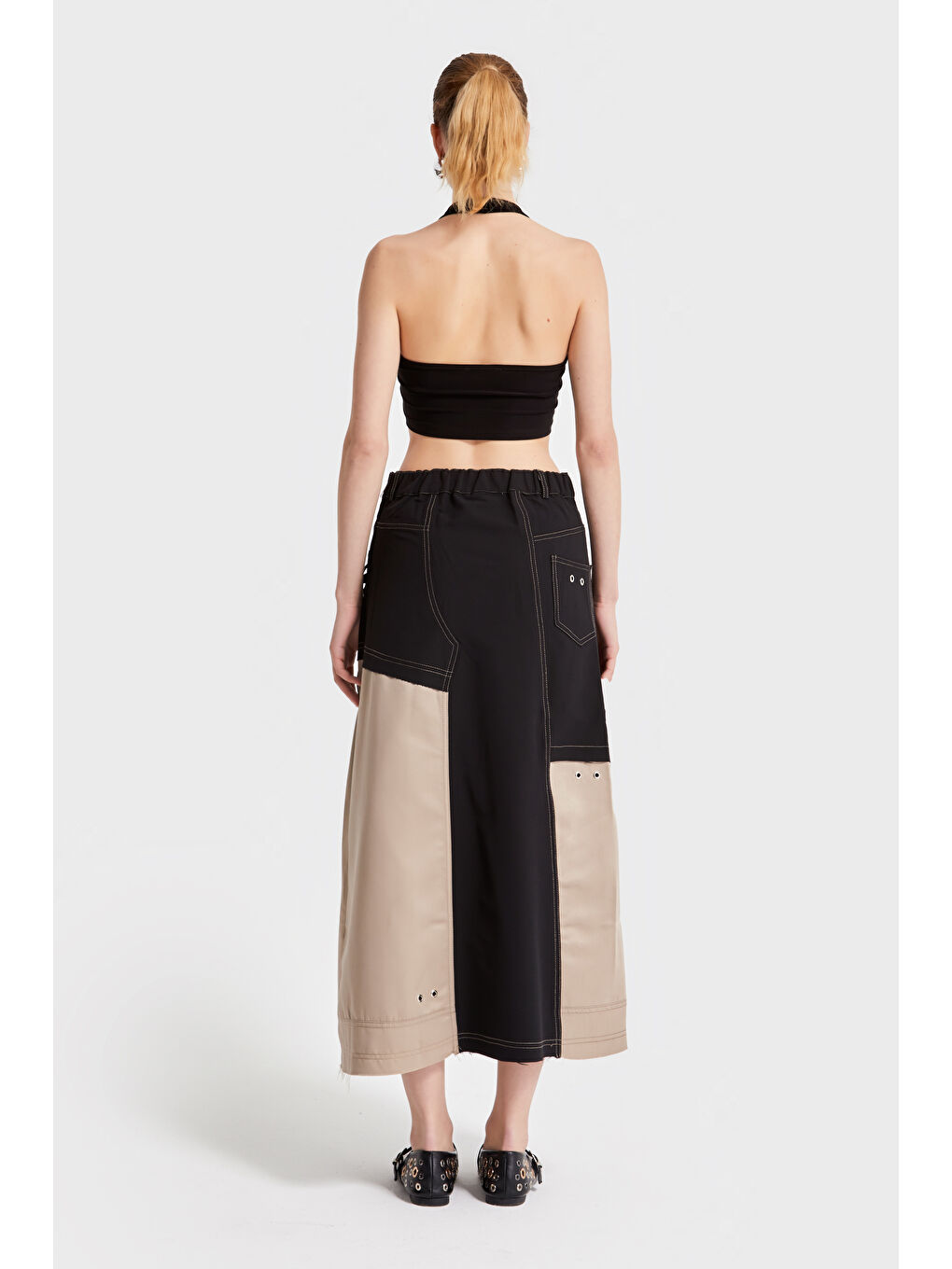 Kadın Bej Siyah Renk Çift Parça Kumaş Tasarım Maxi Boy Etek-2