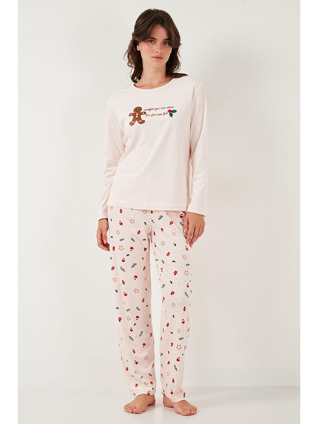 Pembe Desenli Regular Fit Bisiklet Yaka Uzun Kollu Kadın Pijama Takımı 65713312-5