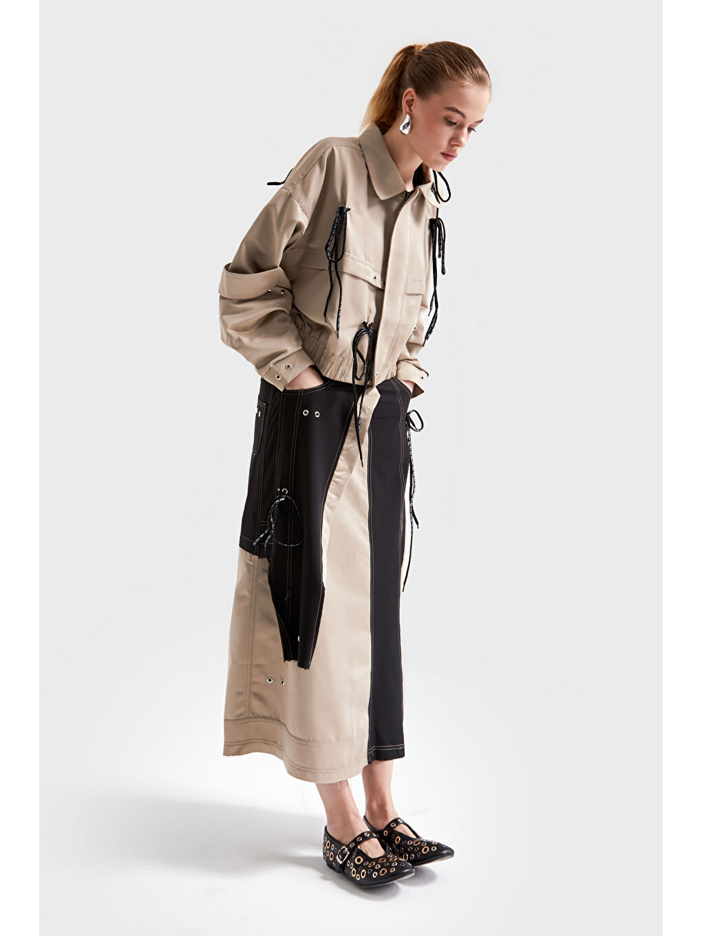 Kadın Bej Siyah Renk Çift Parça Kumaş Tasarım Maxi Boy Etek-3